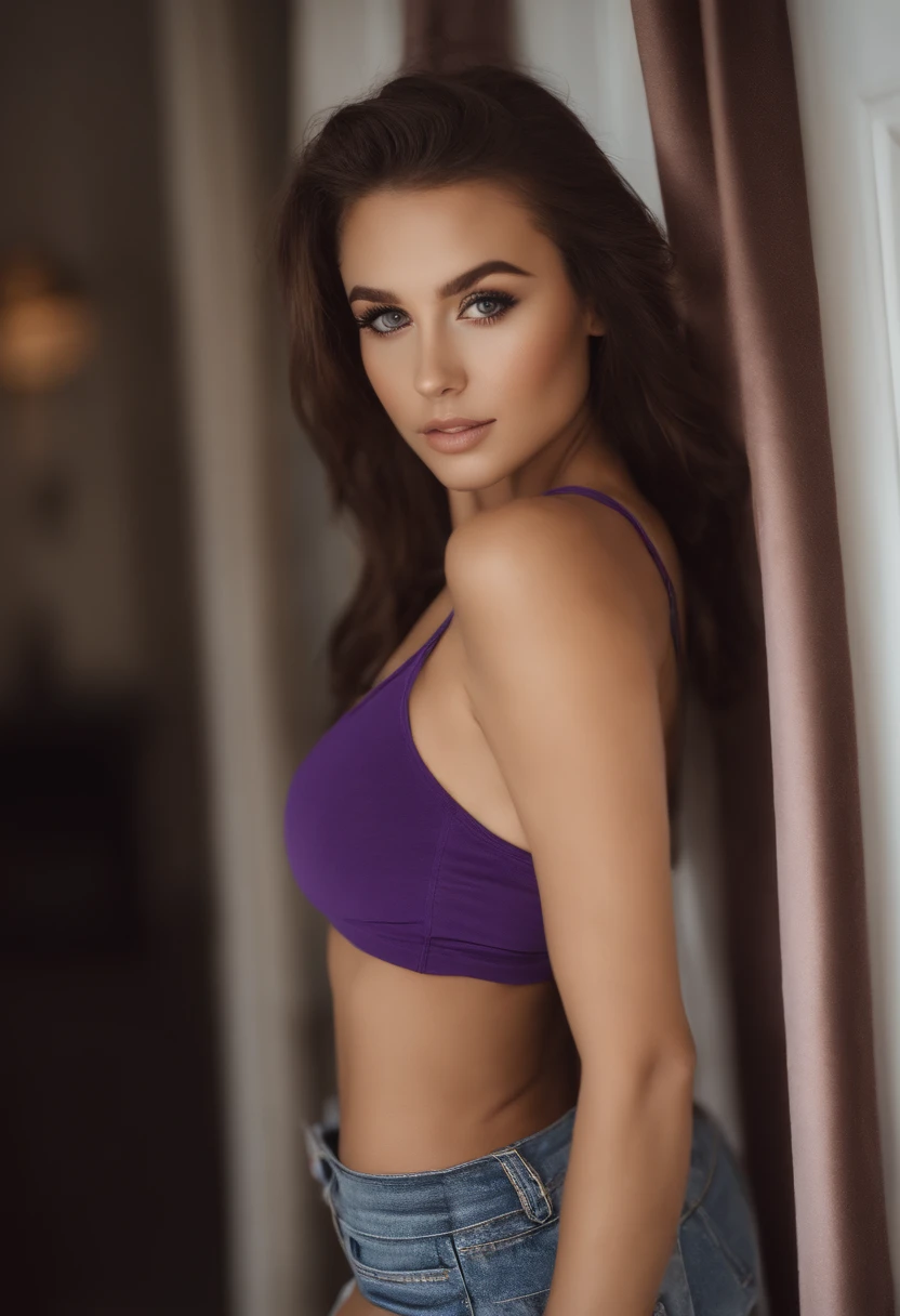 Arafed woman with tank top and matching leggings, fille sexy aux yeux bruns, Portrait Sophie Mudd, cheveux bruns et grands yeux, selfie of a young woman, Yeux de chambre, Violet Myers, sans maquillage, maquillage naturel, turn to look at the camera, Visage avec Artgram, Maquillage subtil, Superbe photo du corps entier, dans la chambre, cul sexy, fesses mignonnes, restaurant