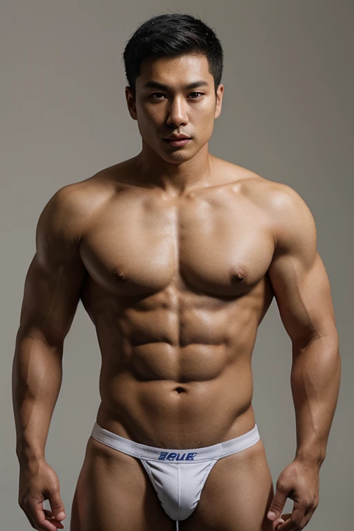 Police Asian men, Topless, Athlete body, Full Frame, Professional Lighting, White Background