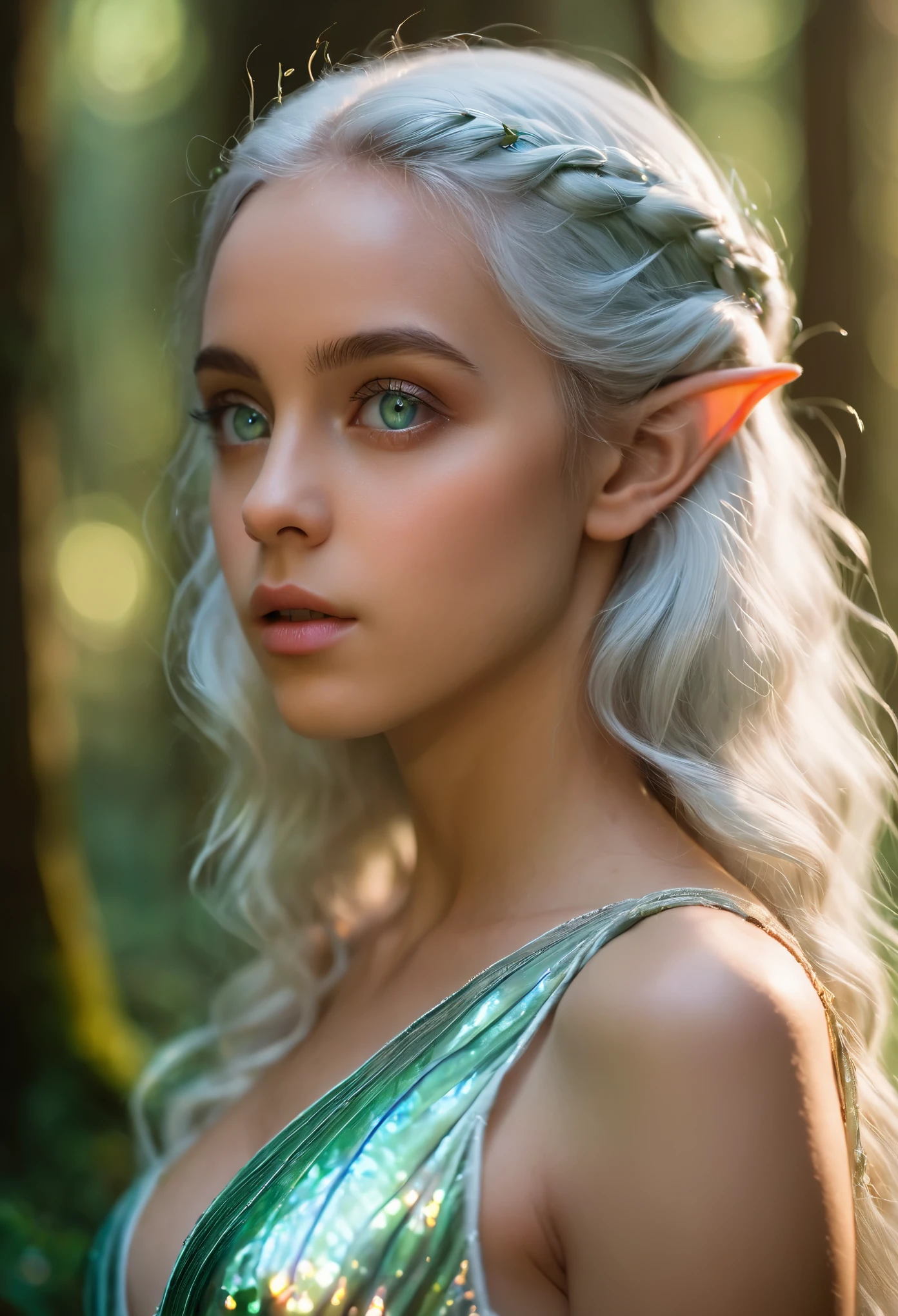 (best quality,4k,8k,highres,masterpiece:1.2),ultra-detailed,(realistic,photorealistic,photo-realistic:1.37),fantasy, (elf:1.5), the most beautiful girl,, close-up of face, silver hair, (iridescent slit eyes:1.4), detailed features, ethereal atmosphere, soft lighting, enchanted forest, flowing gown, graceful stance, vibrant colors, (NSFW:1.3), nipples