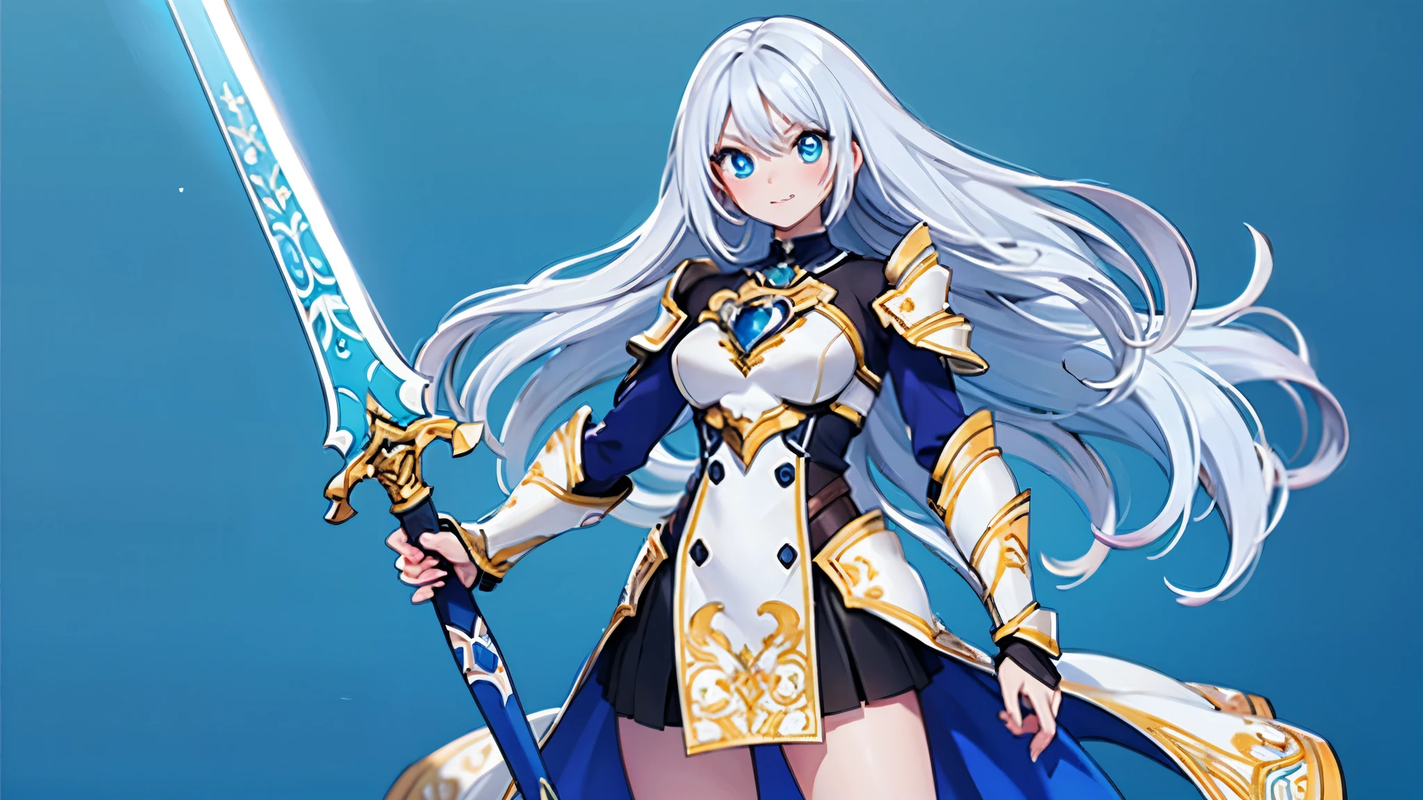 3DMM style, C4D, volumetric lighting, (cinematic anime), girl, perfect, (art, best quality), intricate details, (holding a white sword with blue details surrounded by blue aura), (****ung woman in imposing epic armor), attractive, alone, ((long white hair)):1.321, (expressive eyes), (sapphire blue eyes):1.123, wearing white dueling uniform with blue details, (silver astral aura shoulder pads):1.132, long sleeves, (miniskirt with blue details):1.234, (ethereal divine armor):1.321, (intrinsic astral chest):1.213, (arm and hip protective armor):1.235, looking at the viewer, ((minimalist blue background))