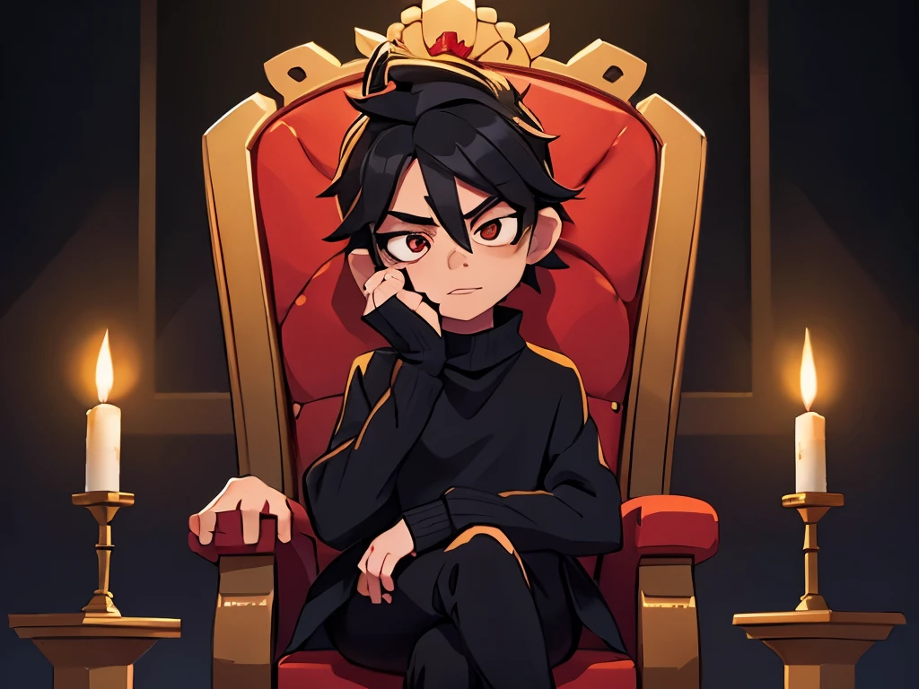 Vampire, Androgynous; Black sweater; Wearing crown; Sitting on Throne; Leaning on left elbow; Black hair with yellow Frosted tips
