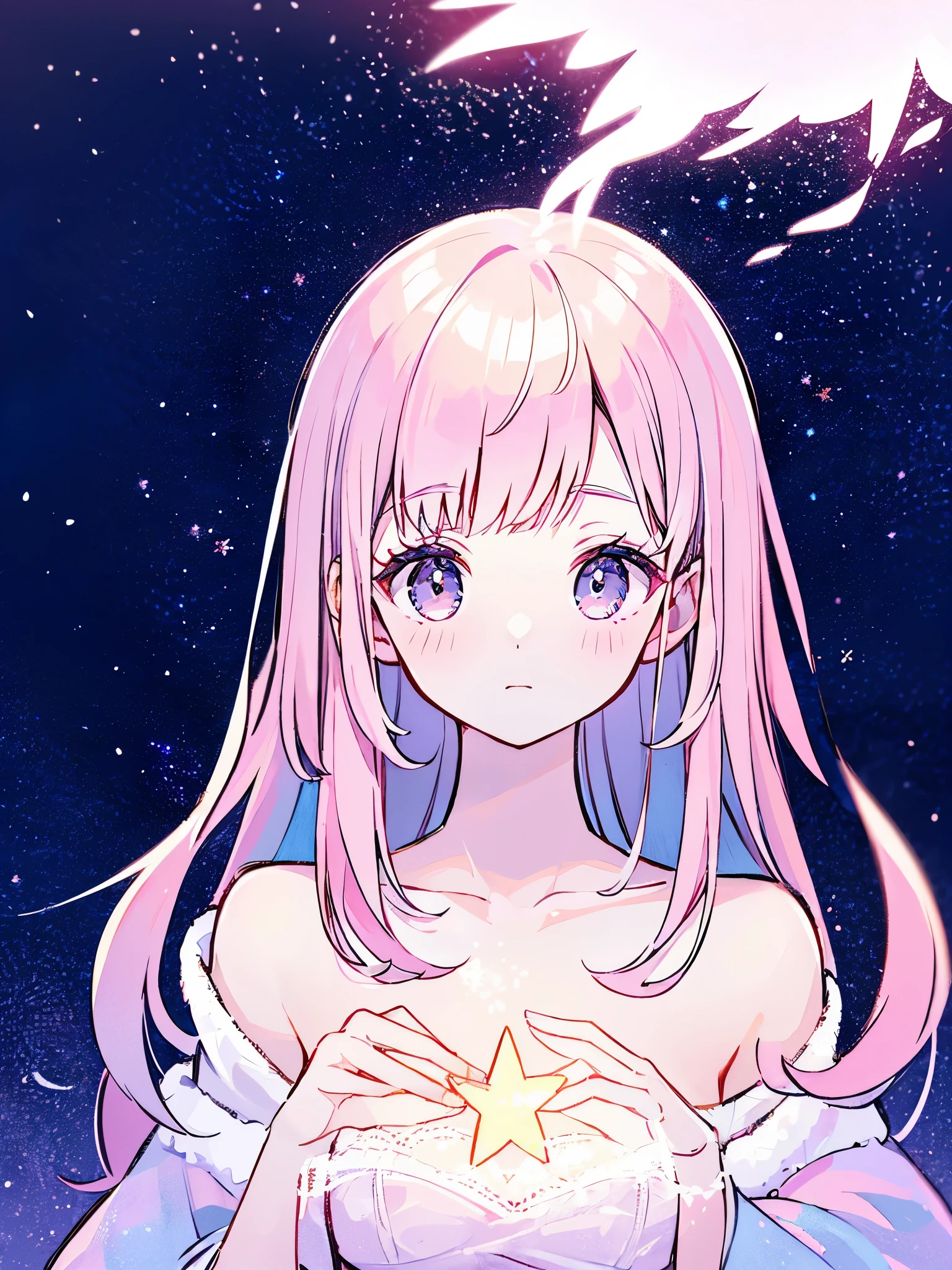 complex background, portrait, wishing star background, a woman wearing an ethereal mystical pink translucent dress that reflects the stars, perfume promo art, mystic, complex drawing, highly detailed, Covergirl brand, promo art, artistic rendition, ethereal, starry night, midjourney style