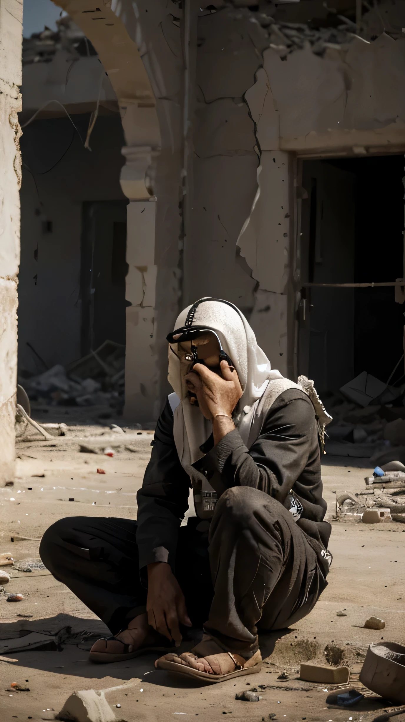 Create an image a Arab men sitting alone amidst the ruins of his once prosperous life. Show his expression of sorrow and despair as he grapples with the loss of his wealth, children, and health. Emphasize the desolation and devastation surrounding him, conveying the depth of his suffering and the magnitude of his trials."