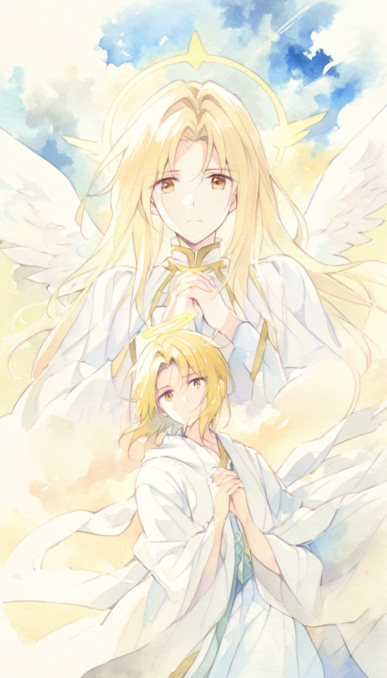 archangel gabriel, femmine male, brown eyes, long golden hair, white wings, white robes, halo, clasped hands, cloud, watercolor