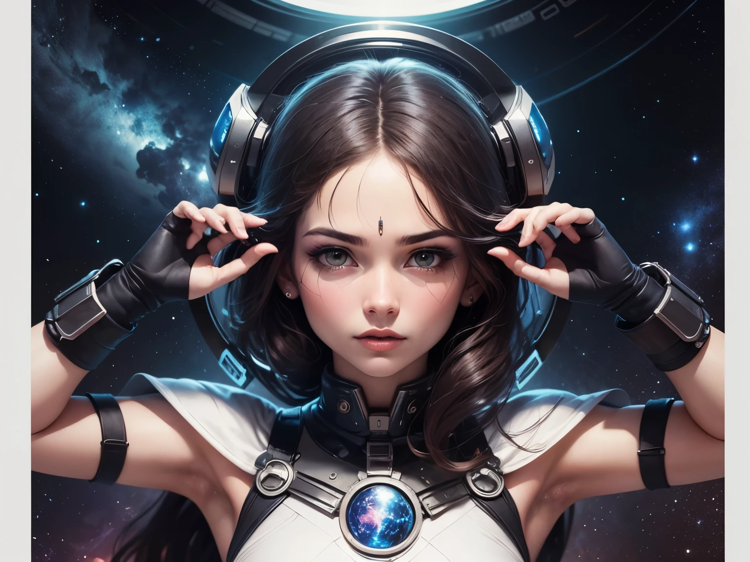 mujer futurista, planetas, cielo intergalactico, galaxia, Maximum image quality, detalles sobresalientes, Ultra high resolution, (Fidelidad: 1.4), the best illustration, detalles de favor, symmetry