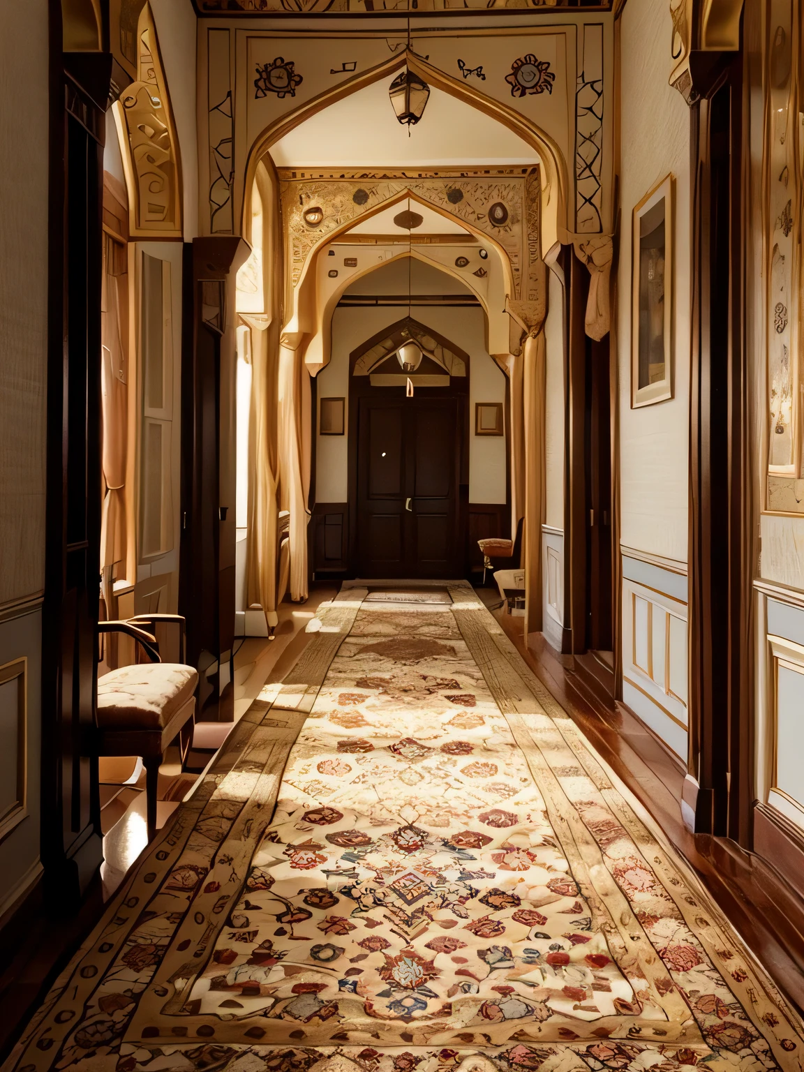 arafed corridor with a red carpet and a chair and a lamp, Islamic Interior Design, long corridor, persian rugs, long corridor, oriental rugs, Inside the palace, Persian rugs, Persian design, Persian style architecture, and inner mosque, corridor, corridor landscape, Persian rug, inside the grandiose, detailed patterned rug, corridors, rug, inside the grandiose ornate room