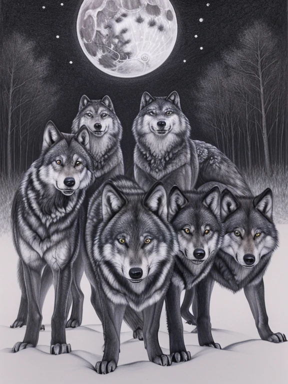 charcoal pencil drawing, 4k, best quality, realistic drawing, a drawing of a group of wolves in front of the full moon, Wolves, realism tattoo drawing, by Wolf Huber, by Sava Šumanović, beautiful detailed animals, big wolf, inspired by Wolf Huber, highly detailed drawing, realism tattoo drawing, highly detailed art, clean detailed art, dark gray wolf, high quality print