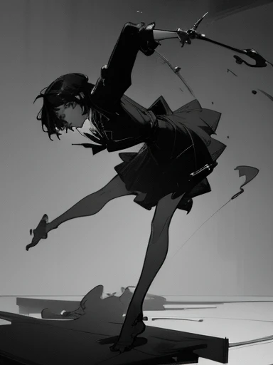 (a dynamic pose),(best quality,highres:1.2),(physically-based rendering),(grayscale),(studio lighting),(concept artists),(brushstrokes),(flowing movement),(anatomical accuracy),(stretched limbs),(looking at something),(anime girl),(young),(short hair),(slice of life),(simple details),(focus on posing)