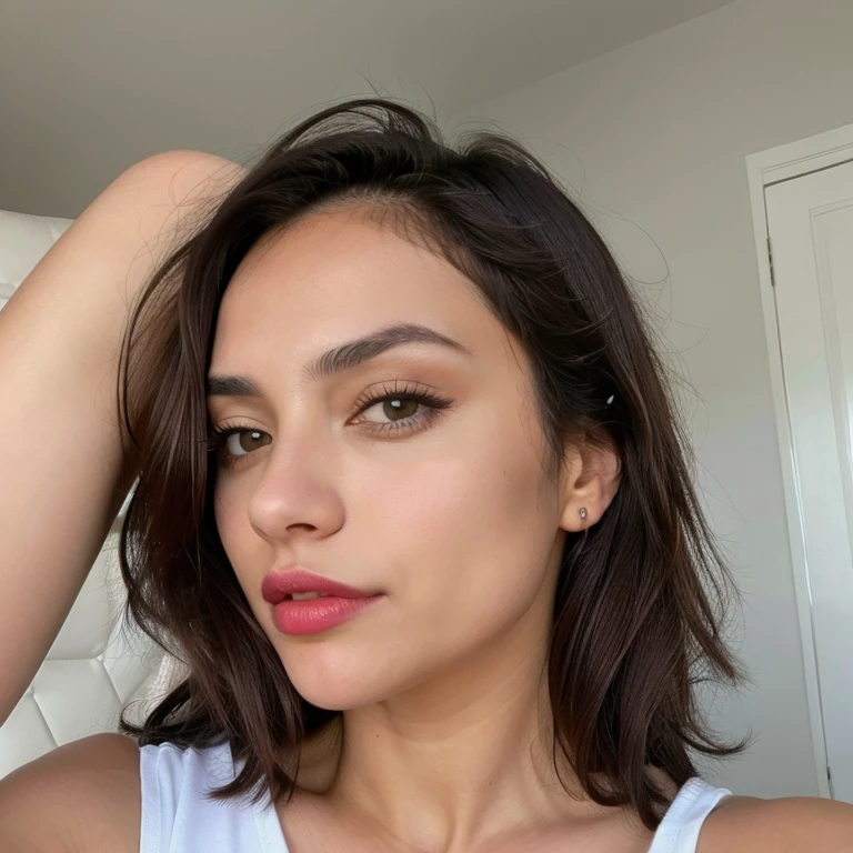 1 mujer, joven, Largo, pelo ondulado, dark brown eyes, senos promedio, avec chemisier blanc, tomando una foto de pie,  mordiendo los labios, Sensuel, autofoto, desnuda, mostrando las nalgas