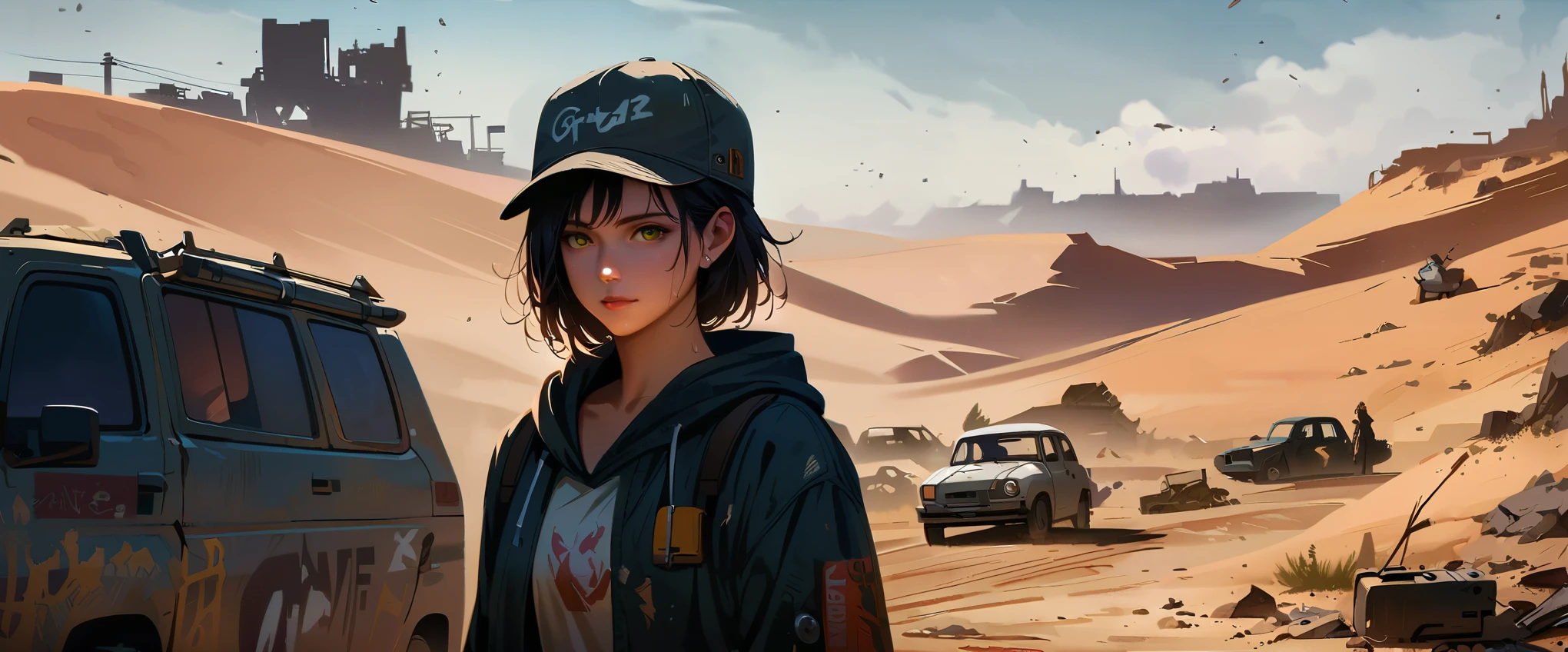 (closeup portrait:1.1), arafed woman with a gun and a hoodie standing in a desert, 4k highly detailed digital art, realistic digital art 4 k, post-apocalyptic wasteland, portait, woman, dressed in modern style with old worn and torn clothes, baseball cap and hoodie on head, tiny tattoo on arm, balck hair, green eyes, hair dirty and sweaty, dirt on face, dirty clothes, lots of details, automatic weapon, flashlight, real face, real silhouette, The misty ruins of a sand-buried city far in the background, (no power), (dark), (ruined), (no light), sand, dunes, wrecked cars, graffiti, Nikon D6, RAW, 8k, uhd, film grain,enhanced details, shallow depth of field,