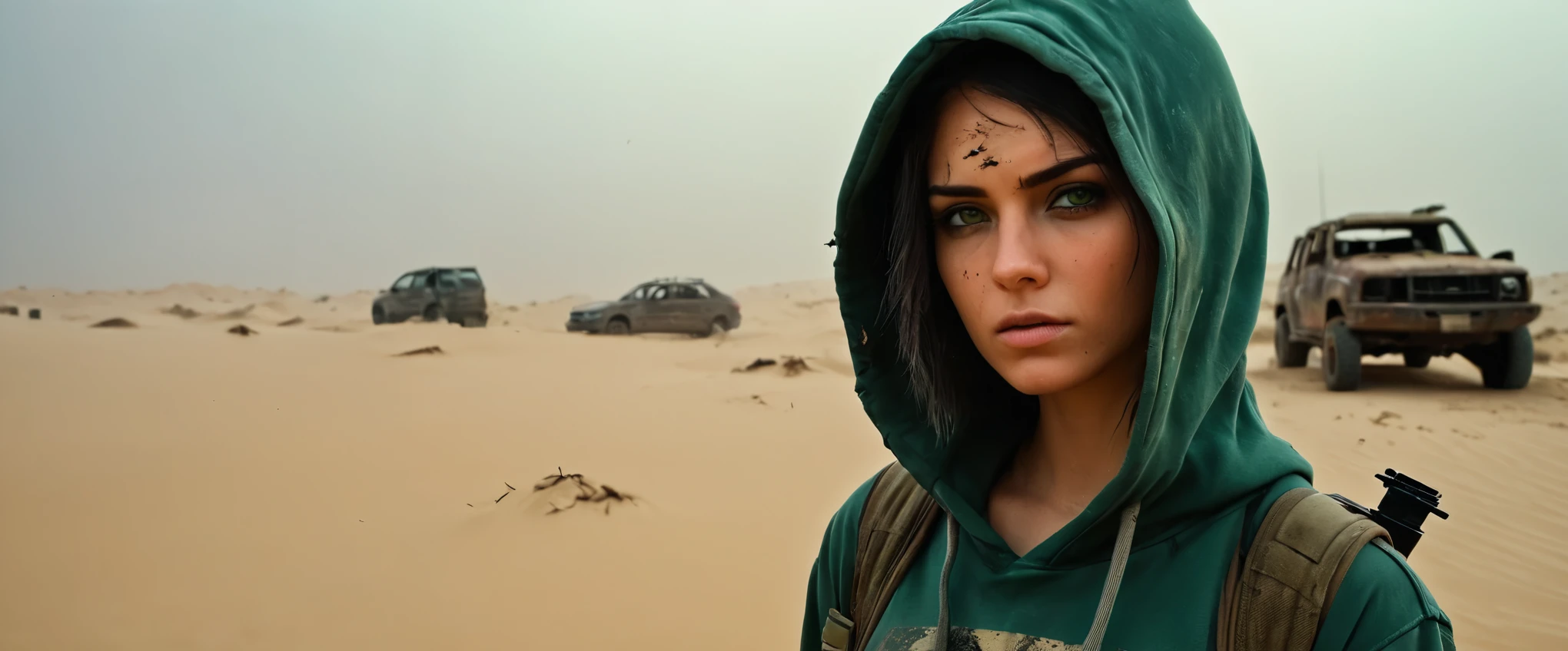 (closeup portrait:1.1), arafed woman with a gun and a hoodie standing in a desert, 4k highly detailed digital art, realistic digital art 4 k, post-apocalyptic wasteland, portait, woman, dressed in modern style with old worn and torn clothes, baseball cap and hoodie on head, tiny tattoo on arm, balck hair, green eyes, hair dirty and sweaty, dirt on face, dirty clothes, lots of details, automatic weapon, flashlight, real face, real silhouette, The misty ruins of a sand-buried city far in the background, (no power), (dark), (ruined), (no light), sand, dunes, wrecked cars, graffiti, Nikon D6, RAW, 8k, uhd, film grain,enhanced details, shallow depth of field,