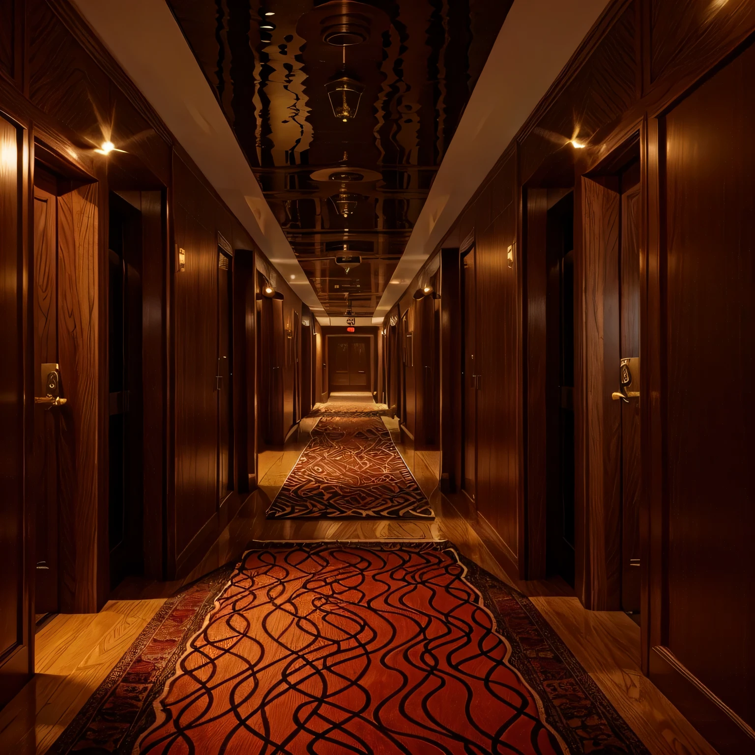 corridor with a red carpet and wooden doors leading to a corridor, long corridor, in a hotel corridor, adjacent corridors, the shinning hotel corridor, corridors, corridor, corridor landscape, corridor, infinite corridor, curved corridors, long dark corridor, apartment corridor, narrow corridor, rows of doors, an empty corridor, carpeted floor, long corridor
