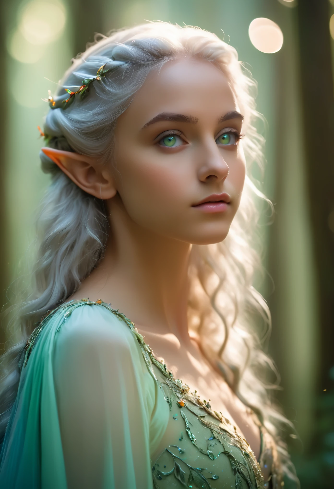 (best quality,4k,8k,highres,masterpiece:1.2),ultra-detailed,(realistic,photorealistic,photo-realistic:1.37),fantasy, (elf:1.5), the most beautiful girl,************, close-up of face, silver hair, (iridescent slit eyes:1.4), detailed features, ethereal atmosphere, soft lighting, enchanted forest, flowing gown, graceful stance, vibrant colors, (NSFW:1.3), nipples