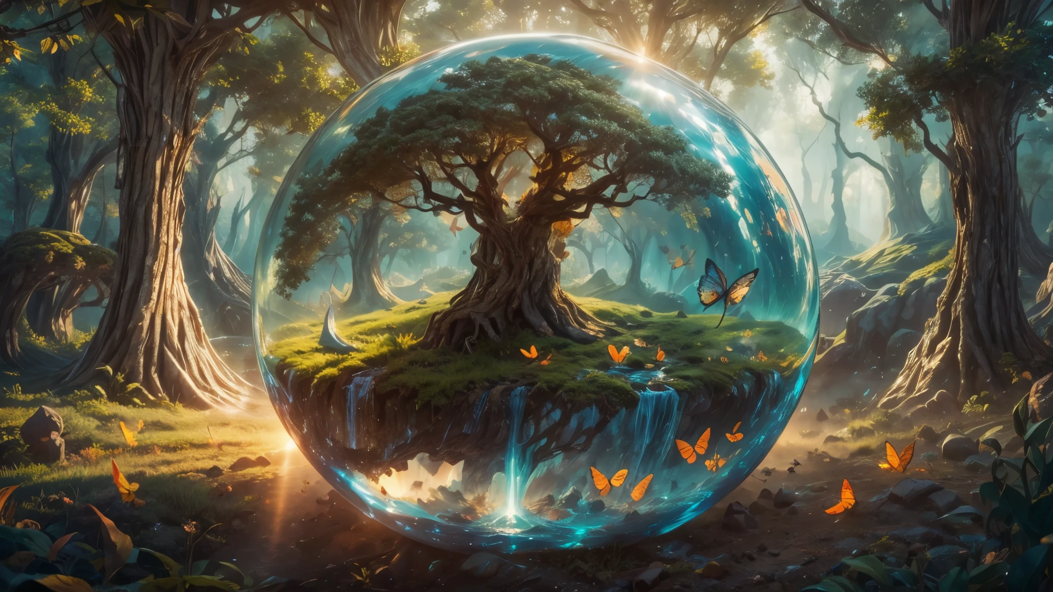 (masterpiece),(best quality:1.0), (ultra highres,), detailed, a glass ball with a tree inside of it, digital art, cg society contest winner, butterflies and sunrays, concept art design illustration, beautiful digital illustration, closed ecosystem