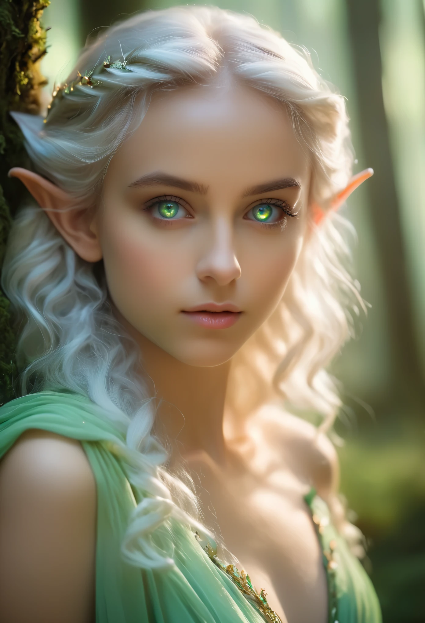 (best quality,4k,8k,highres,masterpiece:1.2),ultra-detailed,(realistic,photorealistic,photo-realistic:1.37),fantasy, (elf:1.5), the most beautiful girl,, close-up of face, silver hair, (iridescent slit eyes:1.4), detailed features, ethereal atmosphere, soft lighting, enchanted forest, flowing gown, graceful stance, vibrant colors, (NSFW:1.3), nipples