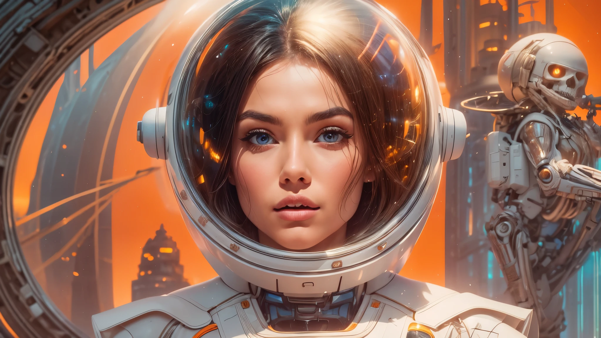 arafed image of a white woman in a futuristic suit with a spaceship in the background, movie art, in front of an orange background, inspired by Robert McGinnis, female protagonist, megastructure in the background, portrait of an ai astronaut, astronauts, an astronaut, portrait of a astronaut skeletor, perfect android girl, detailed eyes, perfectly detailed teeth, frank franzzeta and sakimichan  