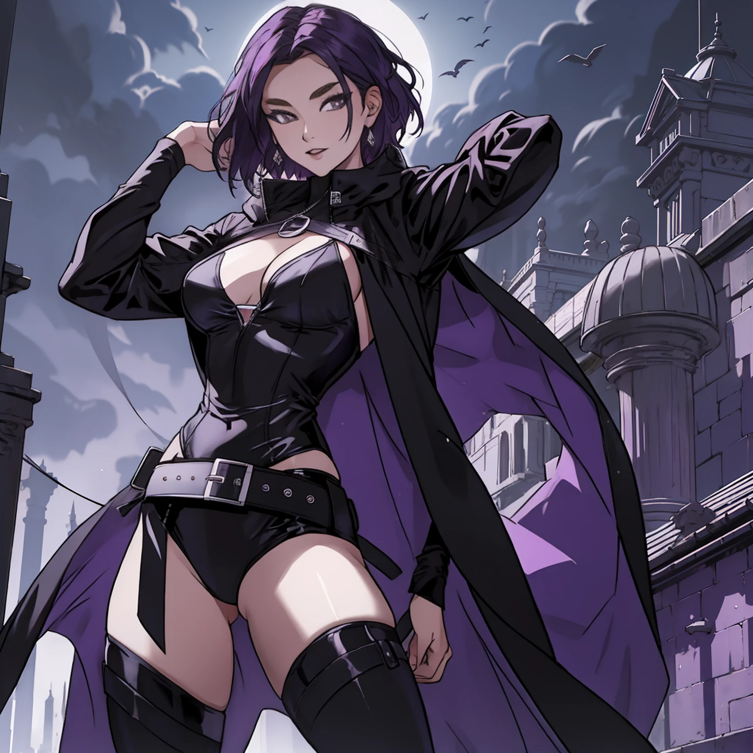 ((1girl)), (solo), raven, black leotard, black cape, hood, purple hair, forehead jewel, purple eyes, short hair, belt, skin tight, standing, cleavage, toned, breasts, pose, night, moonlight, ((posing)), motion lines, torso, upper body, portrait, b&w. outline,