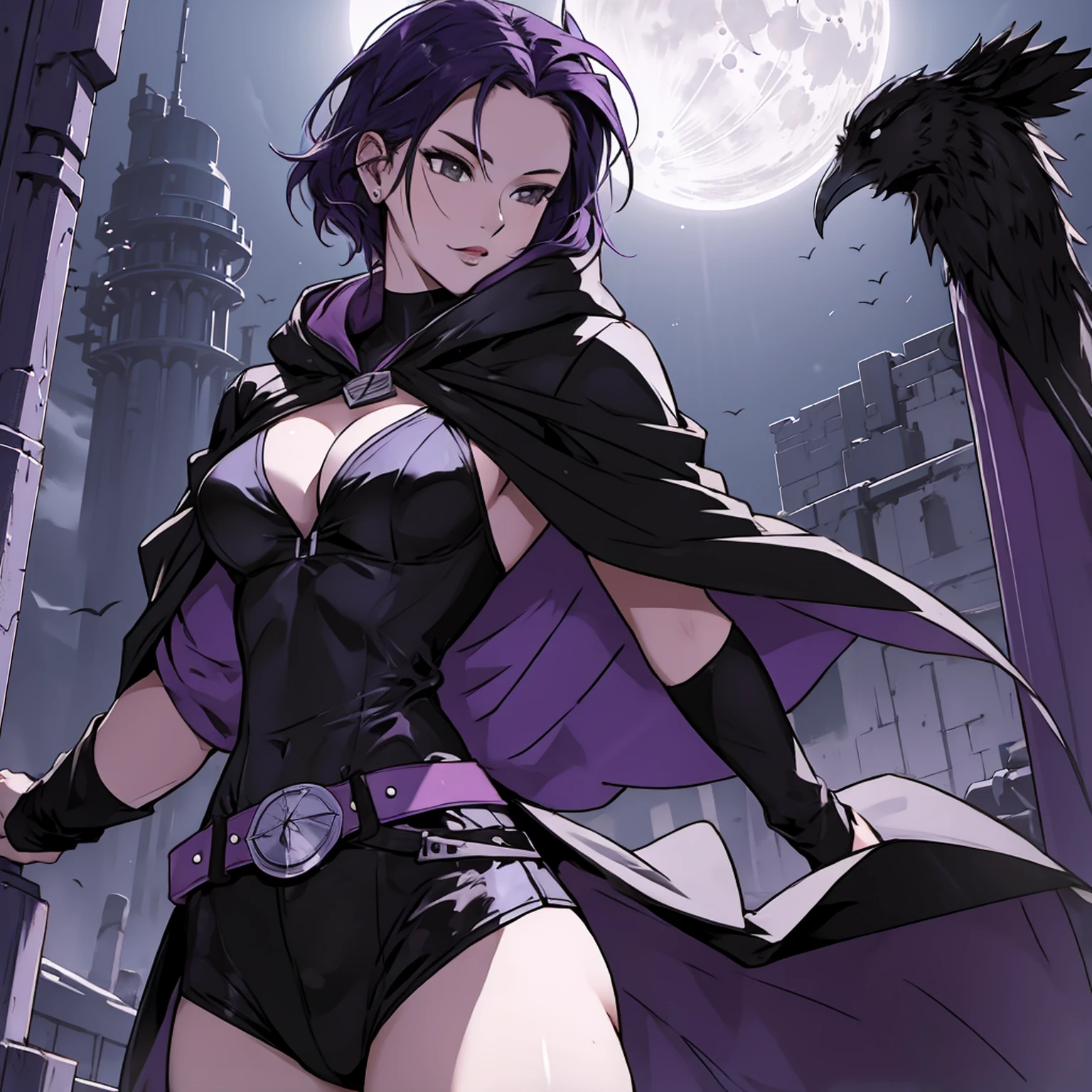 1girl, raven, black leotard, black cape, hood, purple hair, forehead jewel, purple eyes, short hair, belt, skin tight, standing, cleavage, toned, breasts, pose, night, moonlight, ((posing)), motion lines, torso, upper body, portrait, b&w. outline,