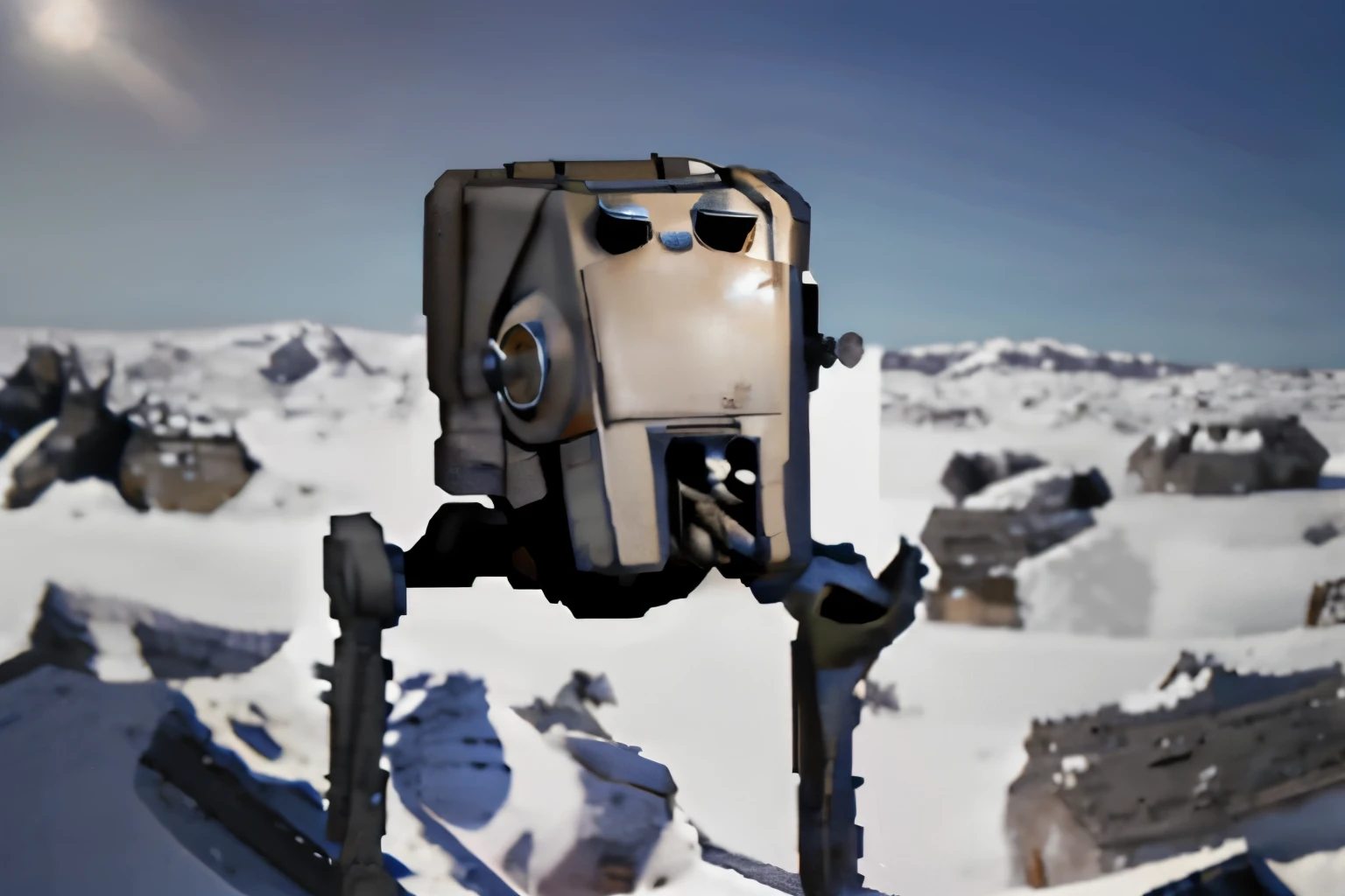 aerial photo of a Star Wars ((AT-ST robot, )), simple background, full body, chibi
black eyes, solid oval eyes, outline