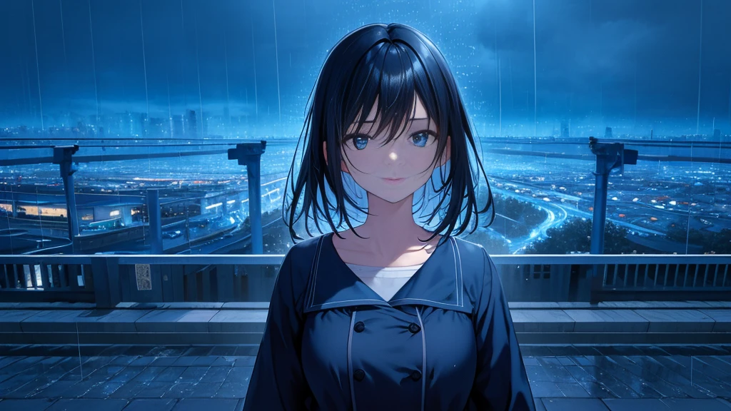 PH blue, scenery, landscape, (masterpiece,highest quality:1.4), Blue Theme, city, evening, 1 girl, rain,close up of face, close,Black Hair,look forward to,Wait at the railroad crossing,Looking at the audience