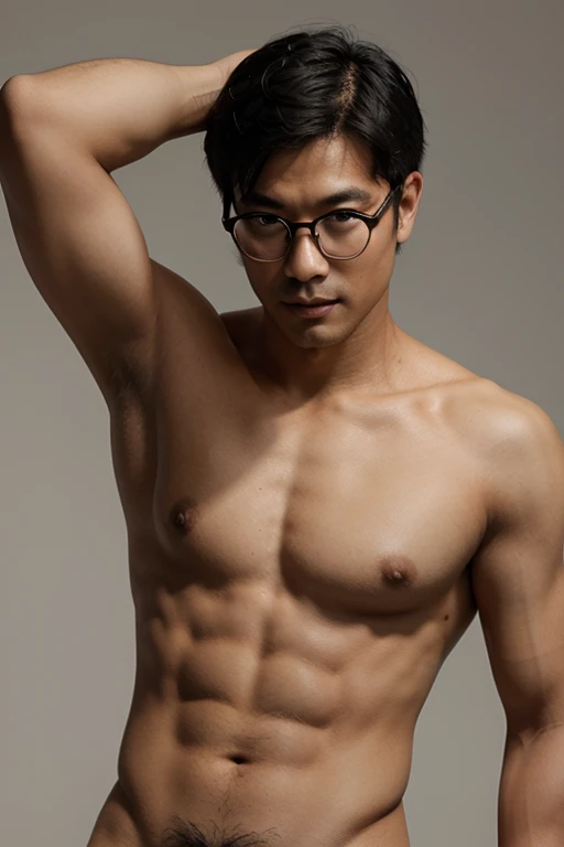 Asian men, Topless, Hairry, Glasses, Athlete body, Full Frame, Professional Lighting, White Background