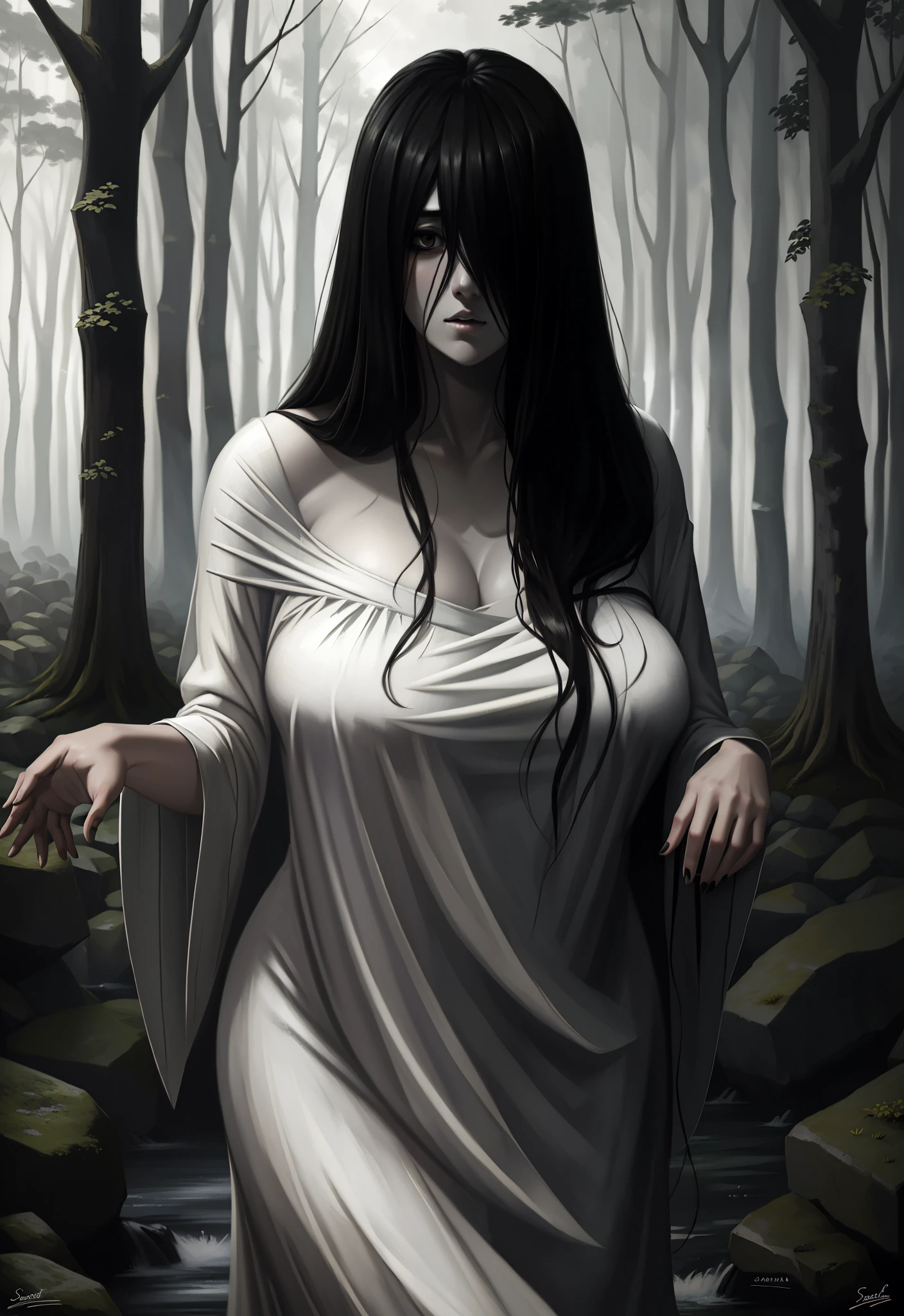 ((masterpiece)), (best quality), (absurdists), black hair, yamamura_sadako, white dress, (grey skin), hair over eyes, eyes covered, looking at the viewer very sexual in the dark forest super realistic and well detailed