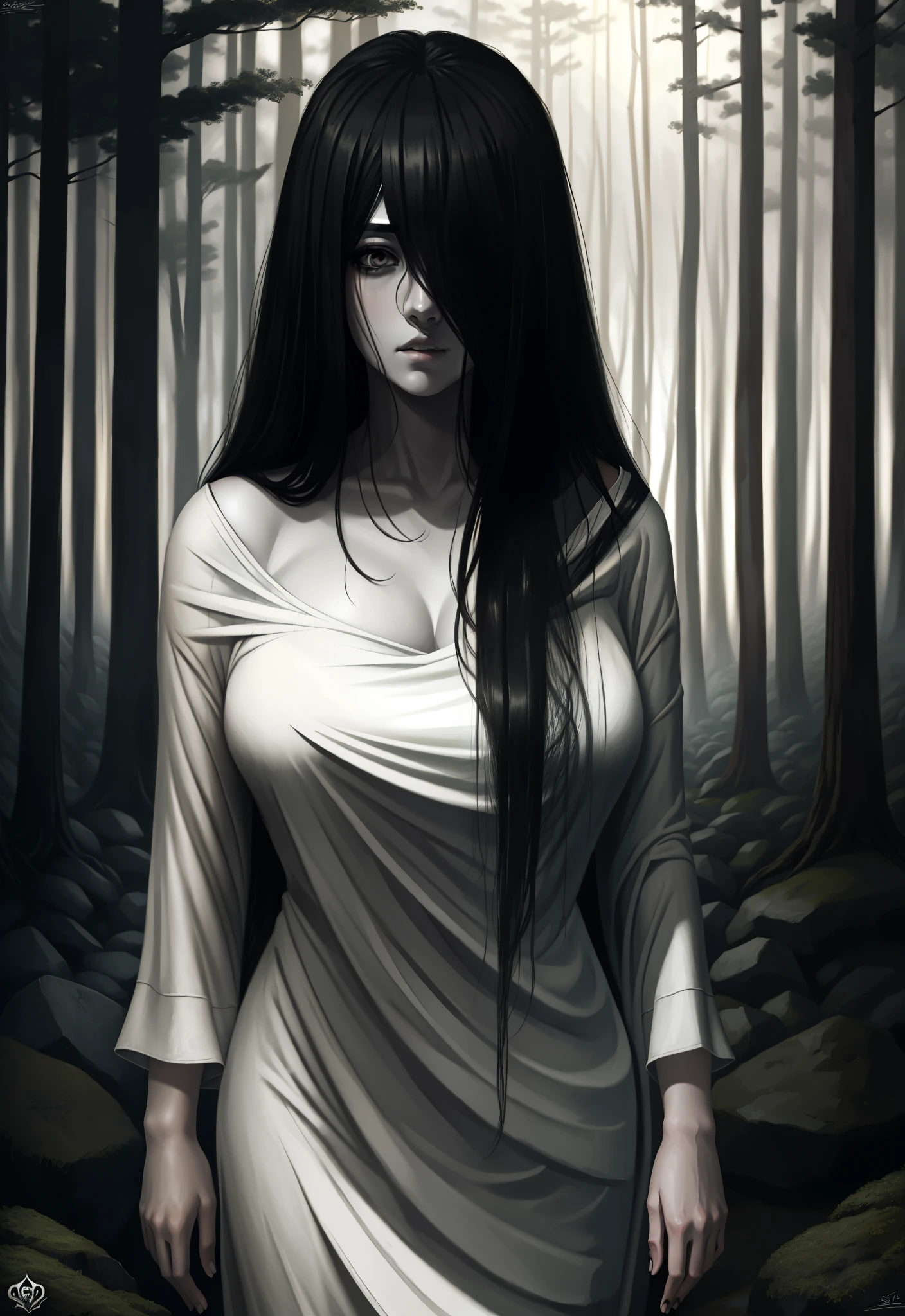 ((masterpiece)), (best quality), (absurdists), black hair, yamamura_sadako, white dress, (grey skin), hair over eyes, eyes covered, looking at the viewer very sexual in the dark forest super realistic and well detailed