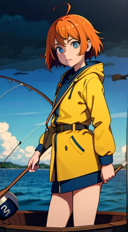 (Masterpiece:1.2), Best quality, Beautiful fisherman picture, Orange hair, 40 one, Wearing a yellow raincoat, (On a fishing boat:1.3), Dark clouds, Photoreal, Hyperreal, Excessive detail, analog style, Ready hip, Staid, Low cut, Detailed skin, Matte leather, Soft lighting, Subsurface dispersion, real, Heavy shadow, Masterpiece, Best quality, ultra real, 8K, Golden Ratio, complicated, High detail, Cinematography, Soft focus