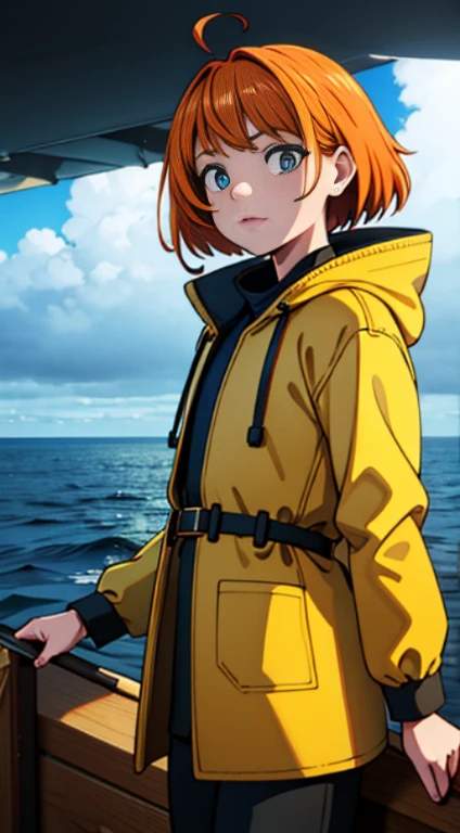 (Masterpiece:1.2), Best quality, Beautiful fisherman picture, Orange hair, 40 one, Wearing a yellow raincoat, (On a fishing boat:1.3), Dark clouds, Photoreal, Hyperreal, Excessive detail, analog style, Ready hip, Staid, Low cut, Detailed skin, Matte leather, Soft lighting, Subsurface dispersion, real, Heavy shadow, Masterpiece, Best quality, ultra real, 8K, Golden Ratio, complicated, High detail, Cinematography, Soft focus