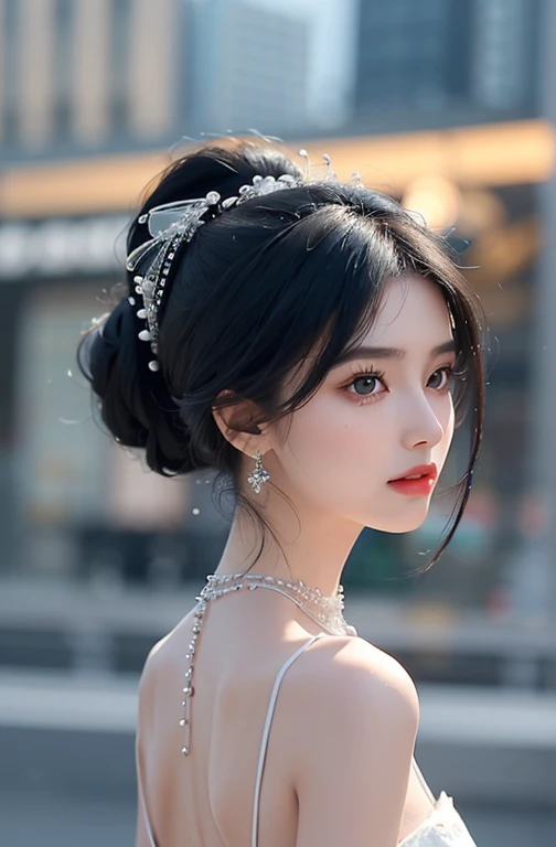 ((Adilin, Wear glass, Black Hair)), Any posture, (An extremely delicate and fair work), (masterpiece), 1 Girl, Extremely exquisite and elegant wedding dress, Headdress, Very detailed, Ponytail Twist, charming expression, fair and clear eyes, Green pupils, exquisite necklace, elaborate earrings, Simple blurred background, Extremely detailed description, fair, charming, Super Fine, Delicate face, Petite, Delicate clavicle, Lovely嘴唇, The back is very soft, Mix 4,(8k, original photo, best quality, masterpiece:1.2), (Practical, photo-Practical:1.37),1 Girl,Lovely,city View, night, rain, wet, Professional lighting, Photon Mapping, Radiosity, Physically Based Rendering, Above the waist,