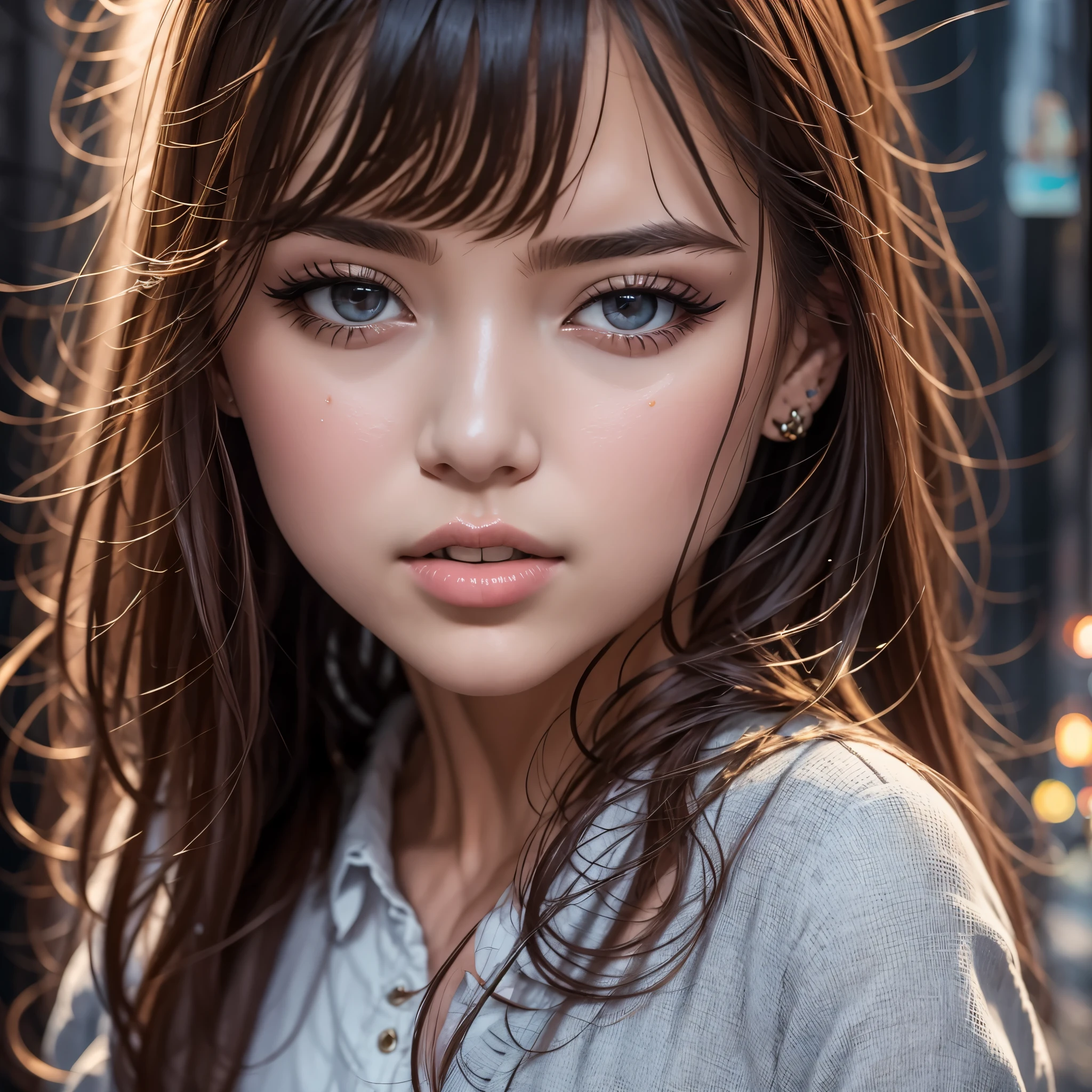 Top Quality, Masterpiece, High Resolution, 8k, ((((skinny girl in open puffer jacket, small perky breasts, beautiful detailed eyes, beautiful detailed lips, small closed mouth, extremely detailed face, pixie asymmetrical hair cut, small hips, random color)))