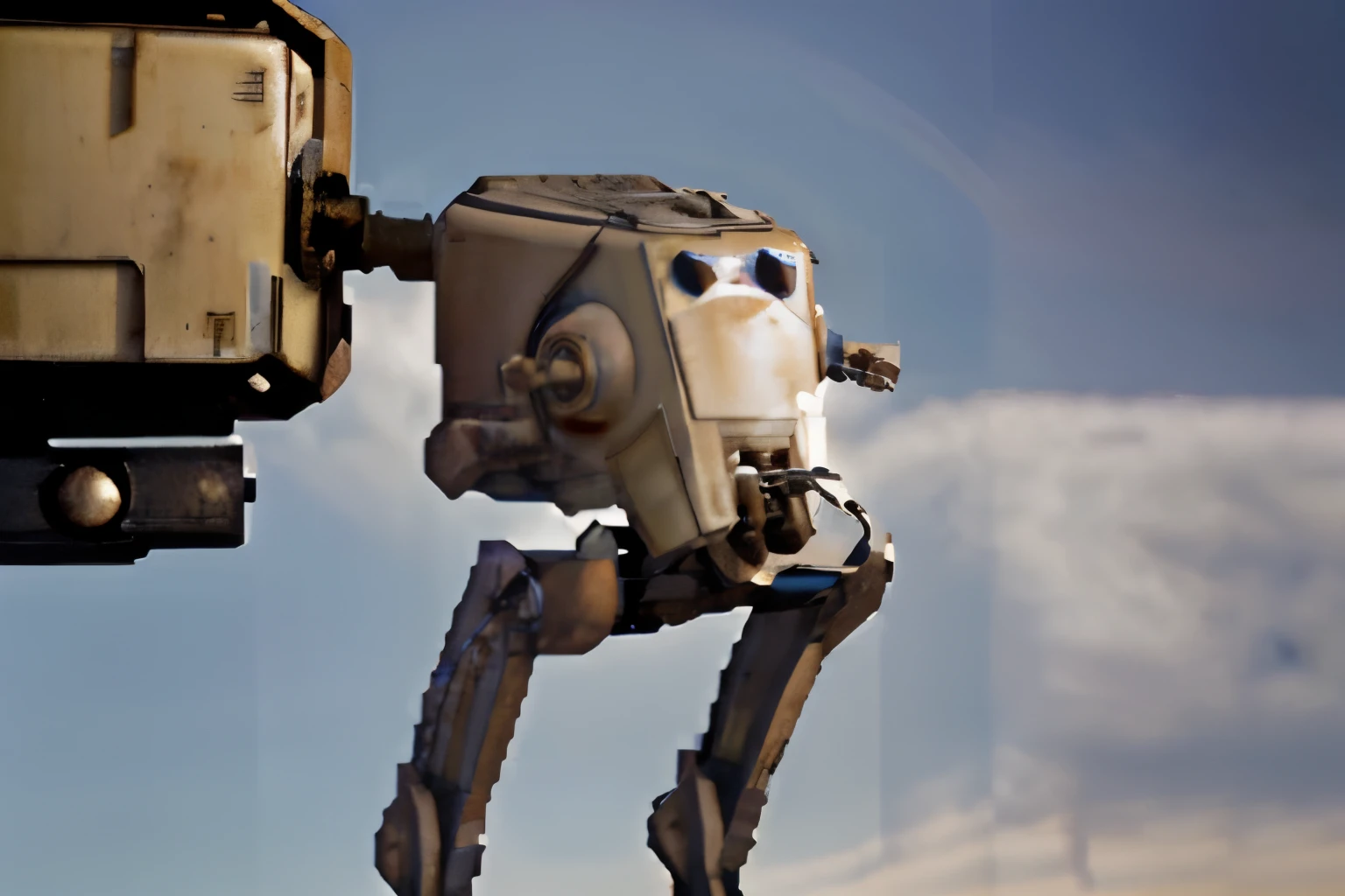 aerial photo of a Star Wars ((AT-ST robot, )), simple background, full body, chibi
black eyes, solid oval eyes, outline