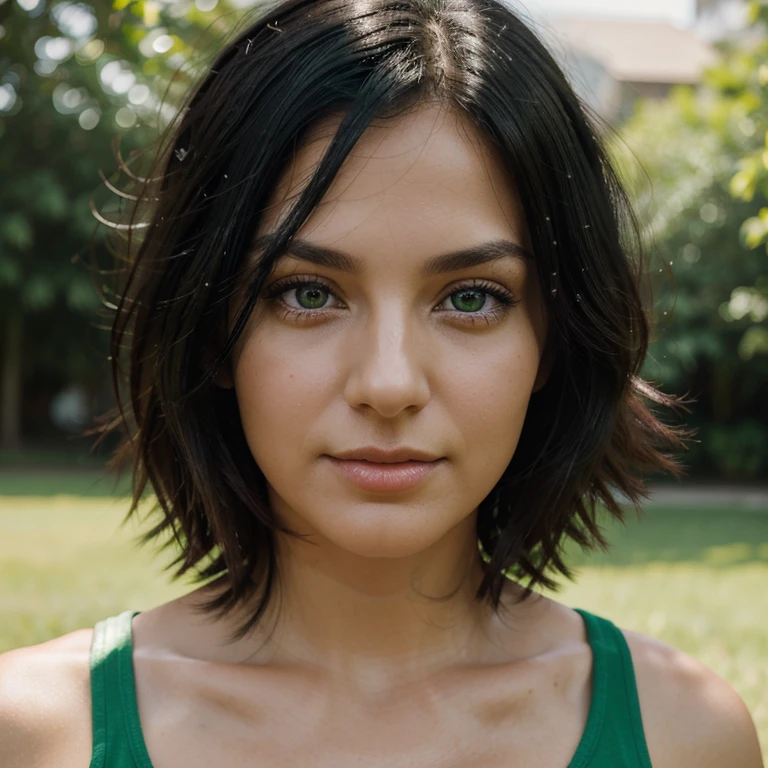 create a portrait photo of a woman in her 30s, bright, perfect green eyes, beautiful black hair, facing the camera, perfect lighting, centered photo