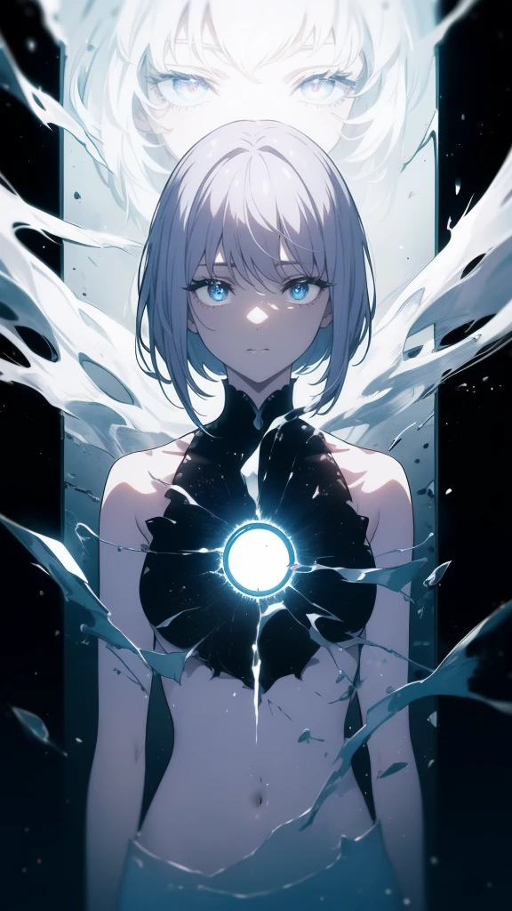 (masterpiece, highest quality, Ultra-high resolution), 1 boy, Are standing, , White office shirt, Black pleated skirt, ((jet black, jet black hair:0.7), Cut long hair, White skin, ((blue eye)), Shine_eye, neon eye, (ultra detailed eye, Beautiful and elaborate face, detailed eye:0.9), ((in the center)), smile, ((Wide Shot)), Face-to-face audience, eyeの高さ, (black background, 残りfire, fire), Flat Chest, Looking at the audience, ((half closed eye)), ((Perfect hands)), (((head, arm, Hip, elbow, In the view))), ((Place your hands behind your back)), empty eye, Beautiful lighting, background, Defined Subjects, Age 25, Perfect Anatomy, Perfect body,Gray Hair,長いeyeで見る,short hair,snow,snow,吹snow,winter,Tethered to a machine,Mechanization,