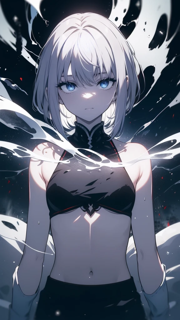 (masterpiece, highest quality, Ultra-high resolution), 1 boy, Are standing, , White office shirt, Black pleated skirt, ((jet black, jet black hair:0.7), Cut long hair, White skin, ((blue eye)), Shine_eye, neon eye, (ultra detailed eye, Beautiful and elaborate face, detailed eye:0.9), ((in the center)), smile, ((Wide Shot)), Face-to-face audience, eyeの高さ, (black background, 残りfire, fire), Flat Chest, Looking at the audience, ((half closed eye)), ((Perfect hands)), (((head, arm, Hip, elbow, In the view))), ((Place your hands behind your back)), empty eye, Beautiful lighting, background, Defined Subjects, Age 25, Perfect Anatomy, Perfect body,Gray Hair,長いeyeで見る,short hair,snow,snow,吹snow,winter,Tethered to a machine,Mechanization,