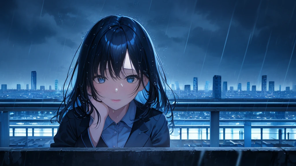 PH blue, scenery, landscape, (masterpiece,highest quality:1.4), Blue Theme, city, evening, 1 girl, rain,close up of face, close,Black Hair,Look forward,View your viewers
