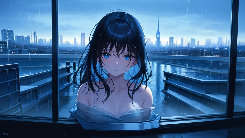 PH blue, scenery, landscape, (masterpiece,highest quality:1.4), Blue Theme, city, evening, 1 girl, rain,close up of face, close,Black Hair,Look forward,View your viewers