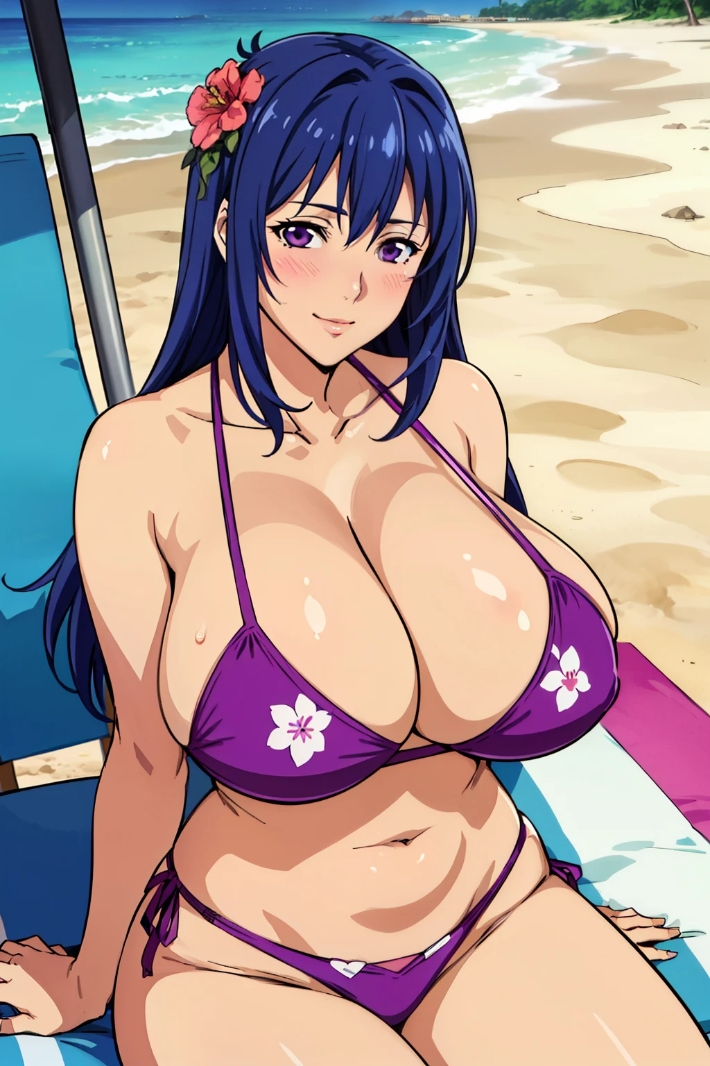 sitting, sexy pose, (pink flower pattern bikini), beach, Nijou Aki, 27 yo, mature women, anime cels style, best quality, high resolution, (gigantic breasts:1.3), cowboy shot, blush, light smile, (purple eyes), blue hair, looking at viewer