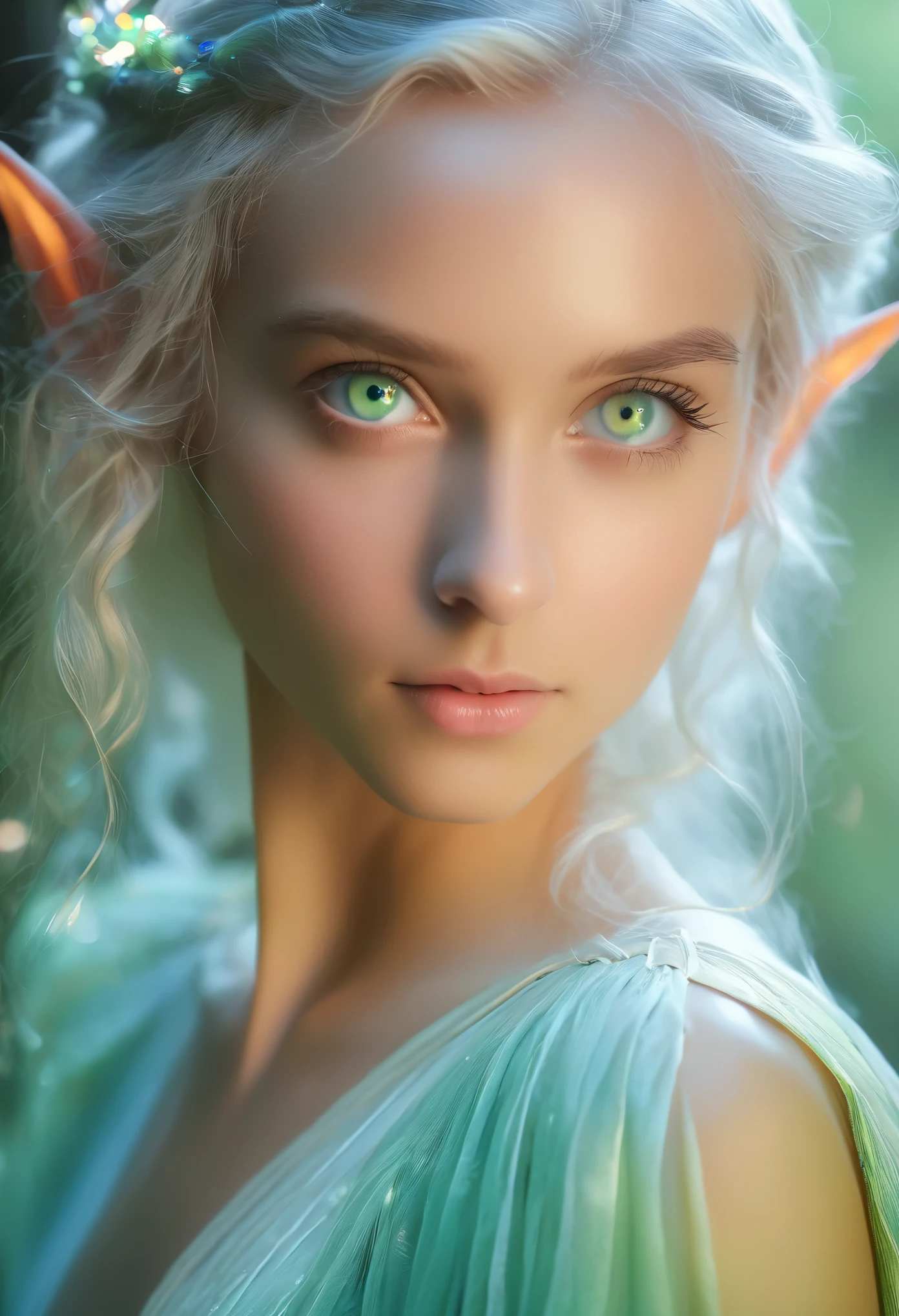 (best quality,4k,8k,highres,masterpiece:1.2),ultra-detailed,(realistic,photorealistic,photo-realistic:1.37),fantasy, (elf:1.5), the most beautiful girl,, close-up of face, silver hair, (iridescent slit eyes:1.4), detailed features, ethereal atmosphere, soft lighting, enchanted forest, flowing gown, graceful stance, vibrant colors, (NSFW:1.3), nipples