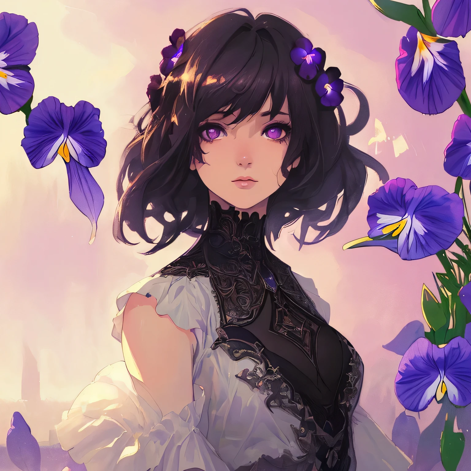 (masterpiece:1.2), (pale skin:1.2), (8k:1.2), ((solo)), (female), (ponytail), purple hair, bare shoulders, ((black chinese dress)), smile, standing, (upper shot), ((bold outline))