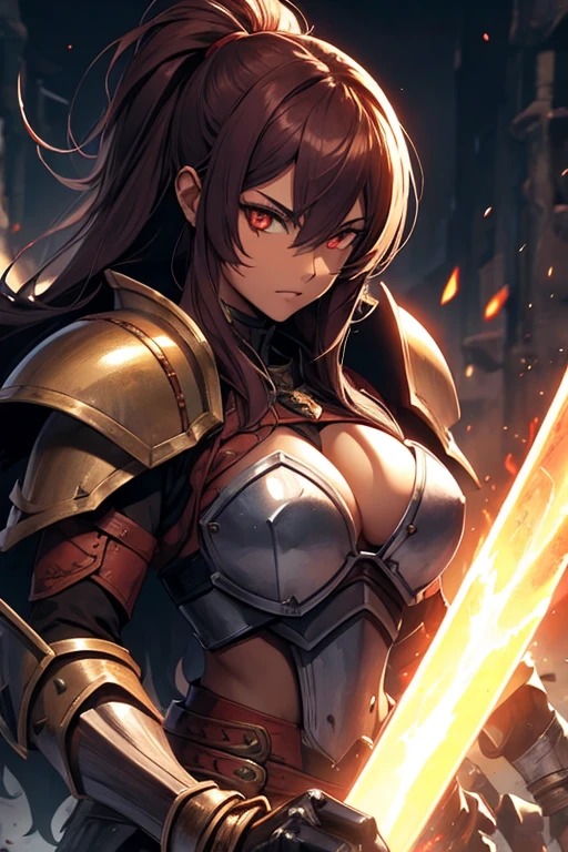 HOT Female hobgoblin warrior with eyes the color of twilight and bronze skin holding an bastard sword at one hand and a heavy shield wearing a heavy plate armor.