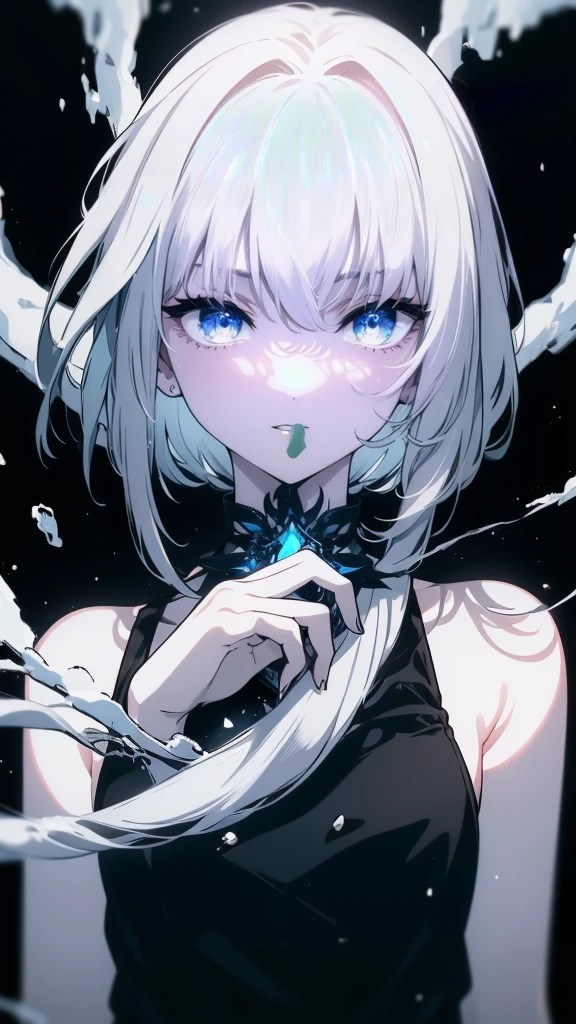 (masterpiece, highest quality, Ultra-high resolution), 1 boy, Are standing, , White office shirt, Black pleated skirt, ((jet black, jet black hair:0.7), Cut long hair, White skin, ((blue eye)), Shine_eye, neon eye, (ultra detailed eye, Beautiful and elaborate face, detailed eye:0.9), ((in the center)), smile, ((Wide Shot)), Face-to-face audience, eyeの高さ, (black background, 残りfire, fire), Flat Chest, Looking at the audience, ((half closed eye)), ((Perfect hands)), (((head, arm, Hip, elbow, In the view))), ((Place your hands behind your back)), empty eye, Beautiful lighting, background, Defined Subjects, Age 25, Perfect Anatomy, Perfect body,Gray Hair,長いeyeで見る,short hair,snow,snow,吹snow,winter,Tethered to a machine,Mechanization,機械のarm