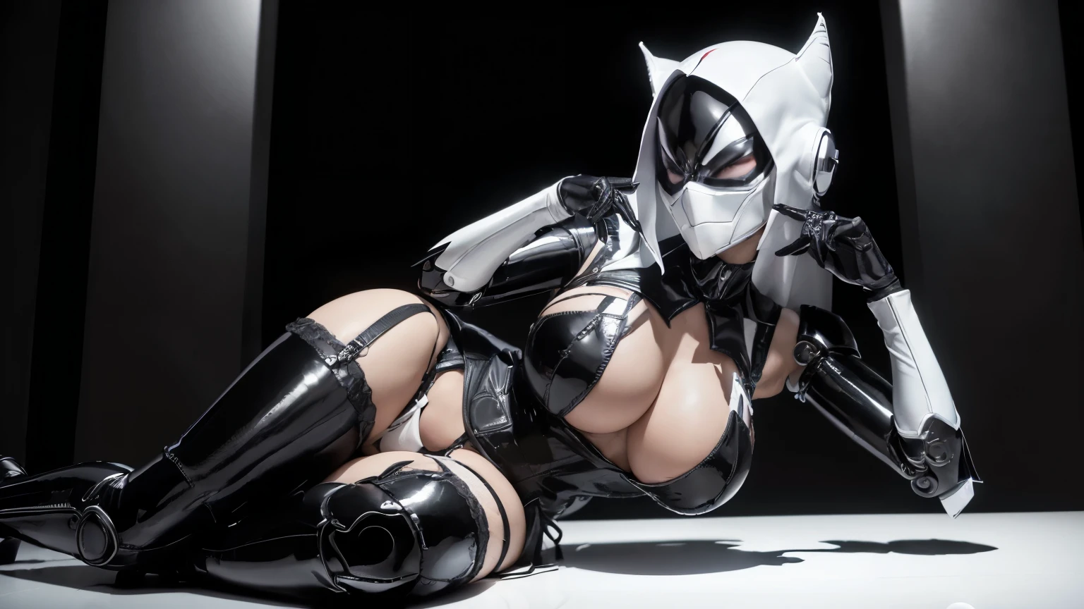 (Best quality, one person, ((masterpiece)), 8k, raw, ((a hot chick young beautyful big girl)), ((detailed face)), (there is a dark cyber city in the background), (good anatomy), her clothes are very torn in several places, detailed eyes, detailed face, (((black white latex with Garter Belts Sexy ))), (((good anatomy))), (big tits), (PUSH UP TITS), (((WEARING A white futuristic mask))), (tits on focus), ((full body)), ((wearing high heels)), ((venom outfit)), white and black spiderman venom, (catwoman), batman, (diablo) , (((horror style background))), wearing a white hood, it is photographed from side, (((she has a big venom face))), (((she looks up))), ((her costume are very torn in several places)), platform heels, sitting, crossed legs, fullbody, ((black carbon robot hands))