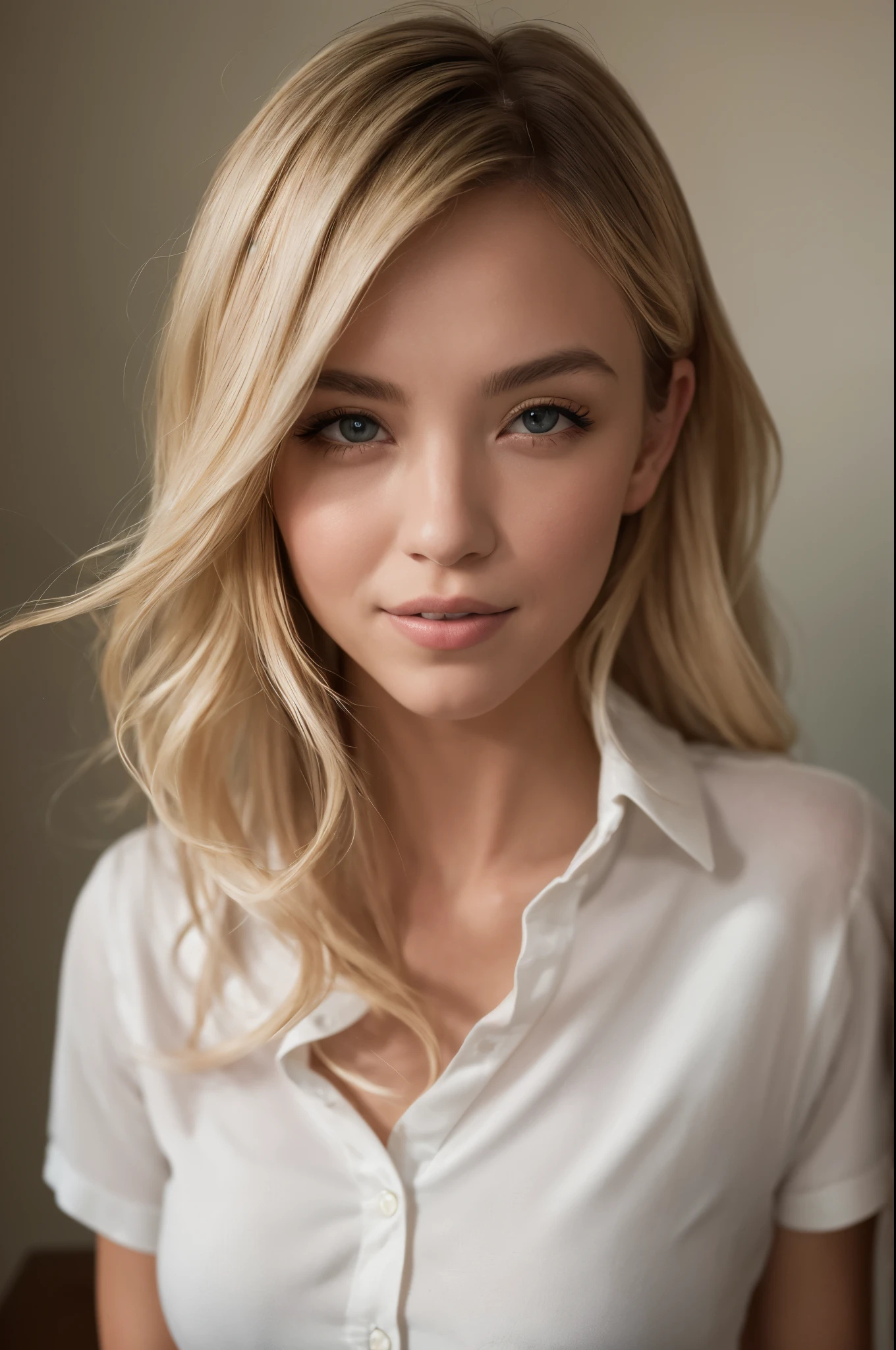(best quality), (masterpiece, realistic, photo-realistic:1.1), 1girl, solo, small face, detailed eyes, nose, parted lips, fair skin , smile, (looking at viewer:1.5), blonde hair,
large breasts, white shirt, upper body,, masterpiece, best quality,