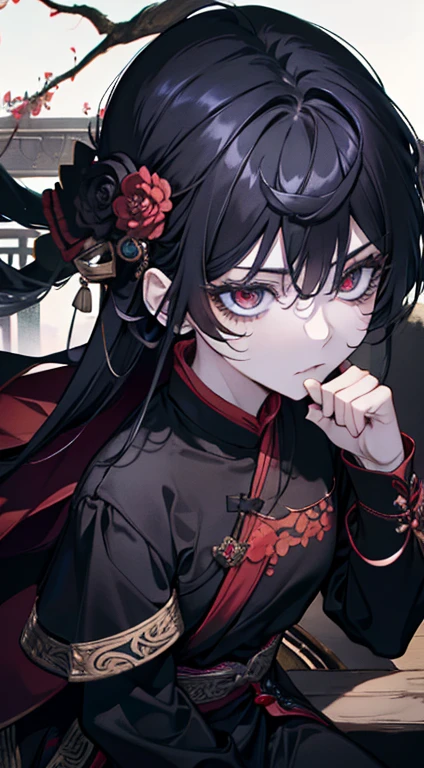 (tmasterpiece,optimum,PremiumQuality)Conspiracy Themes,A woman crouched on a fence,Ancient yard,The eyes are indifferent,Red eyes,Wearing black ancient Hanfu,Look down from above,Cold,Long black hair,Beautiful face,high qulity,the detail,Cold female assassin,Martial arts swordsman,Epic art,