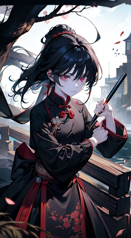 （tmasterpiece，optimum，PremiumQuality）Conspiracy Themes，A woman crouched on a fence，Ancient yard，The eyes are indifferent，Red eyes，Wearing black ancient Hanfu，Look down from above，Cold，Long black hair，Beautiful face，high qulity，the detail，Cold female assassin，Martial arts swordsman，Epic art，