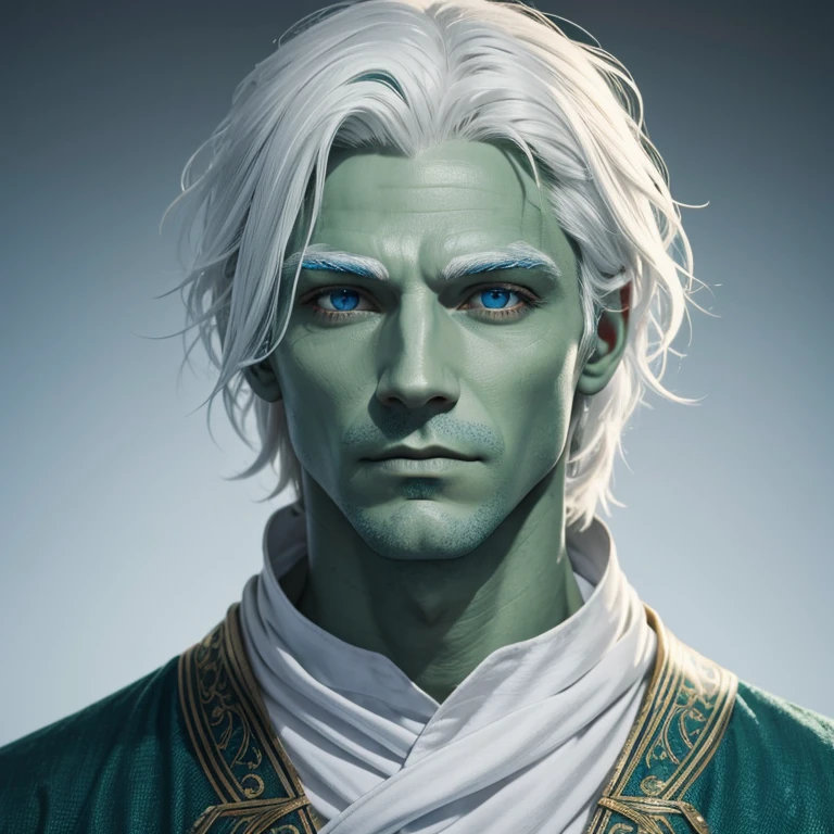 A Man with Green skin, blue eyes, white hair.