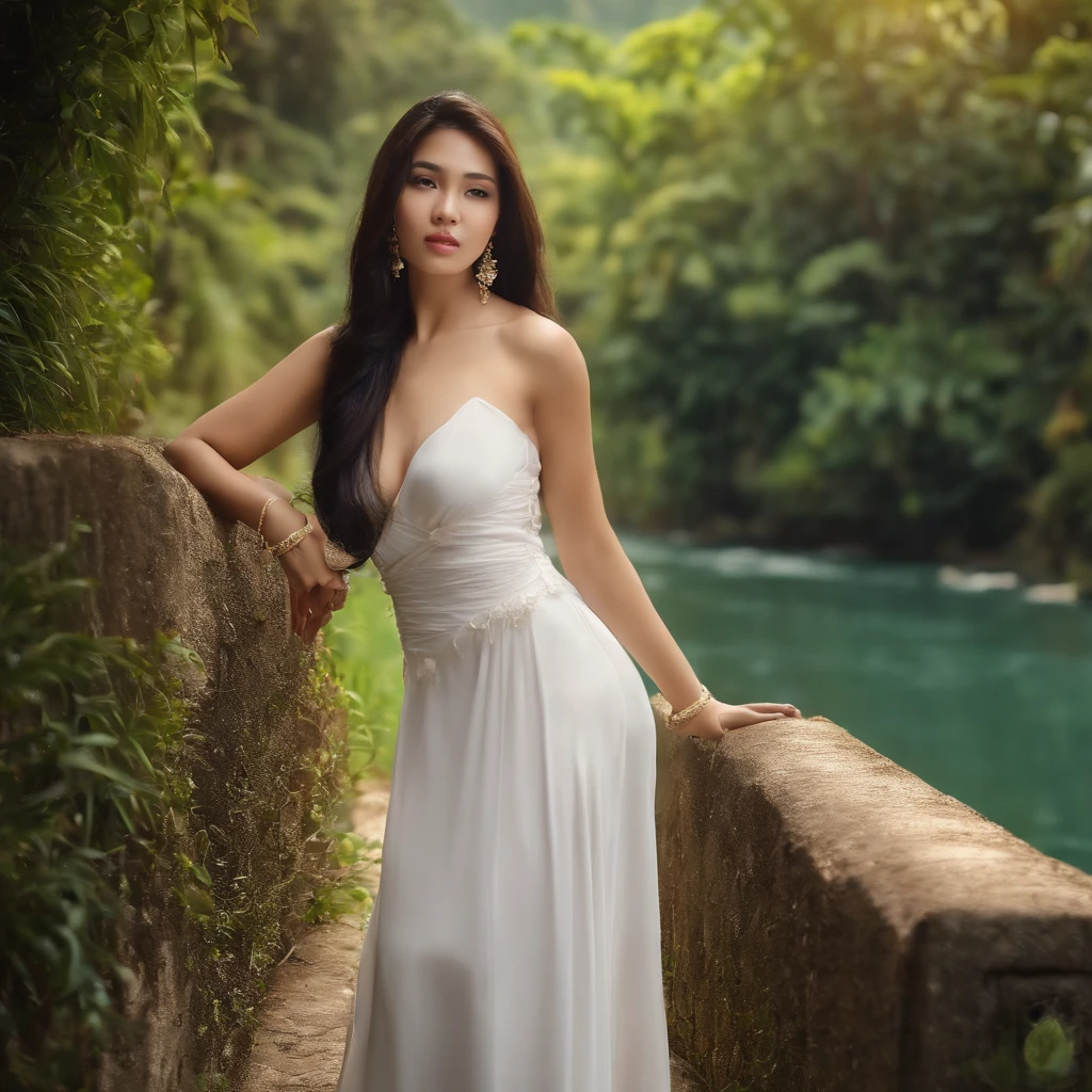 A Javanese Indonesian girl, long straight hair to butt, beautiful, milky brown skin, big and toned breasts, earrings on ears, gold bracelet, sexy lips a bit thick blushing, wearing a long dress white color, very thin dress tends to be transparent, facing front with a seductive pose, biting lower lip, black eyesemgerling to the camera, real image quality, 8k, ultra realistic, saturation,realism,full hd, digital art,real color,village atmosphere background, mountain in the distance,small river,amazing panorama,