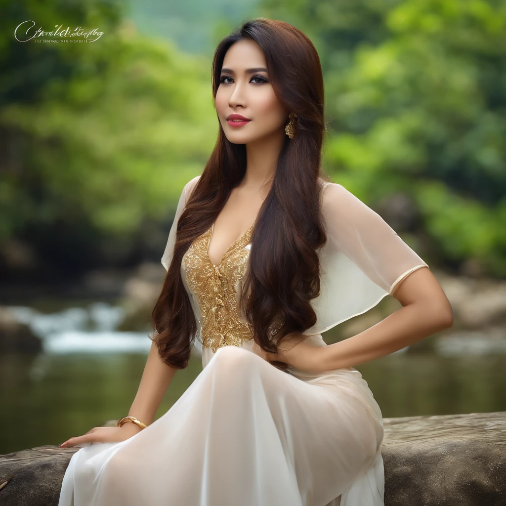 A Javanese Indonesian girl, long straight hair to butt, beautiful, milky brown skin, big and toned breasts, earrings on ears, gold bracelet, sexy lips a bit thick blushing, wearing a long dress white color, very thin dress tends to be transparent, facing front with a seductive pose, biting lower lip, black eyesemgerling to the camera, real image quality, 8k, ultra realistic, saturation,realism,full hd, digital art,real color,village atmosphere background, mountain in the distance,small river,amazing panorama,