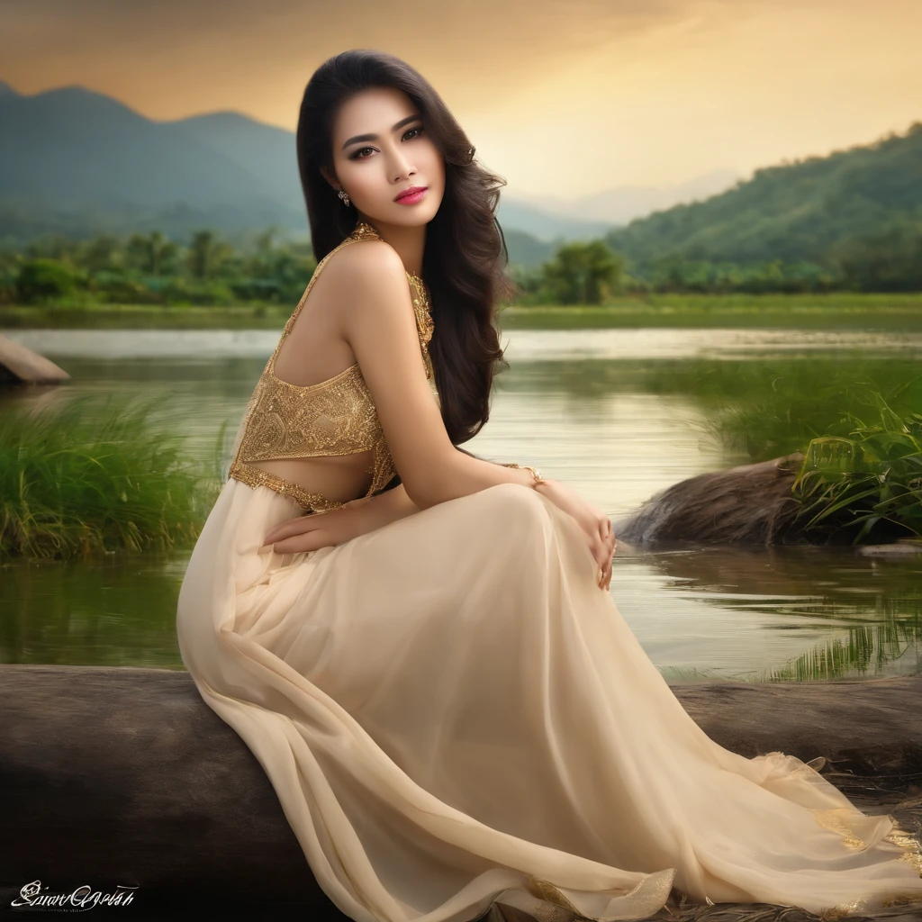 A Javanese Indonesian girl, long straight hair to butt, beautiful, milky brown skin, big and toned breasts, earrings on ears, gold bracelet, sexy lips a bit thick blushing, wearing a long dress white color, very thin dress tends to be transparent, facing front with a seductive pose, biting lower lip, black eyesemgerling to the camera, real image quality, 8k, ultra realistic, saturation,realism,full hd, digital art,real color,village atmosphere background, mountain in the distance,small river,amazing panorama,